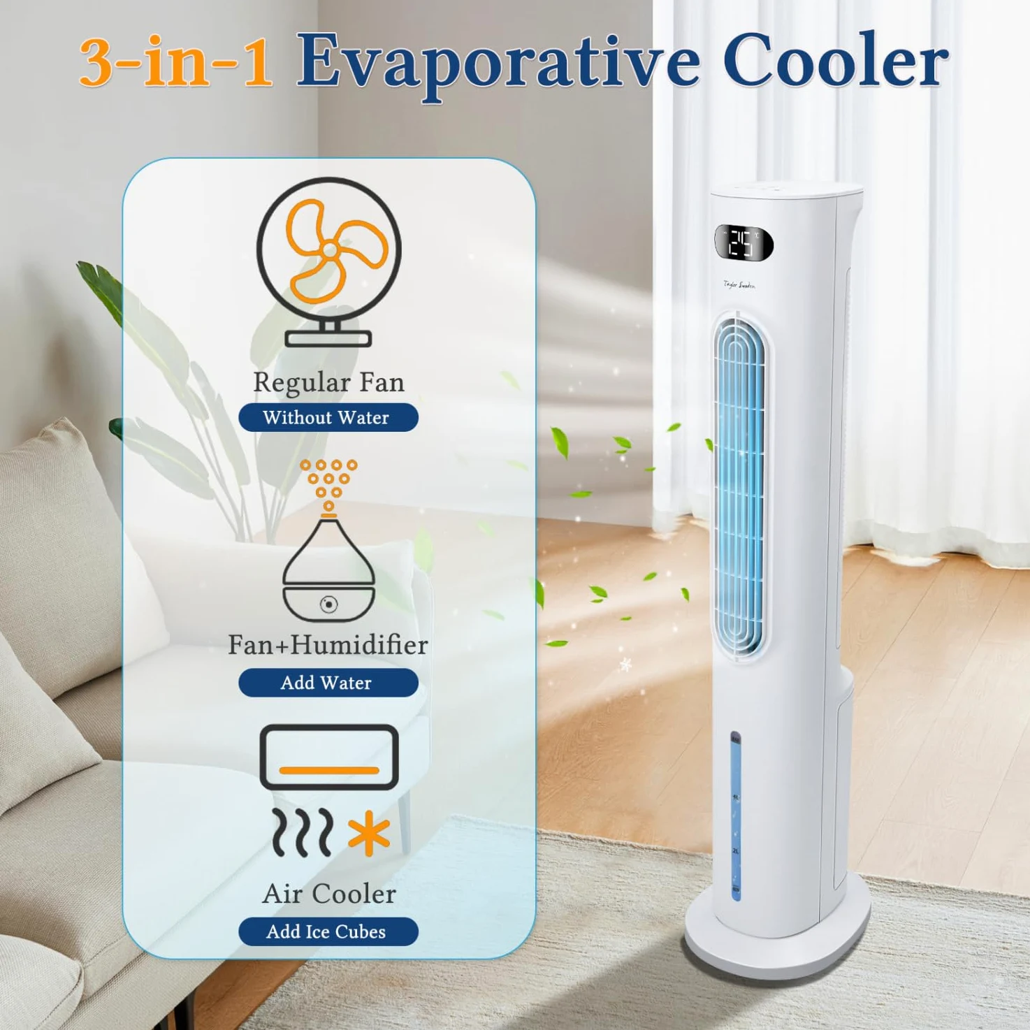 Taylor Swoden 3 in 1 raffrescatore d'aria portatile, Raffrescatore evaporativo silenzioso con serbatoio da 6 l, timer da 12 ore, 3 modalità, 3 velocità, telecomando, oscillazione, 95 W,…