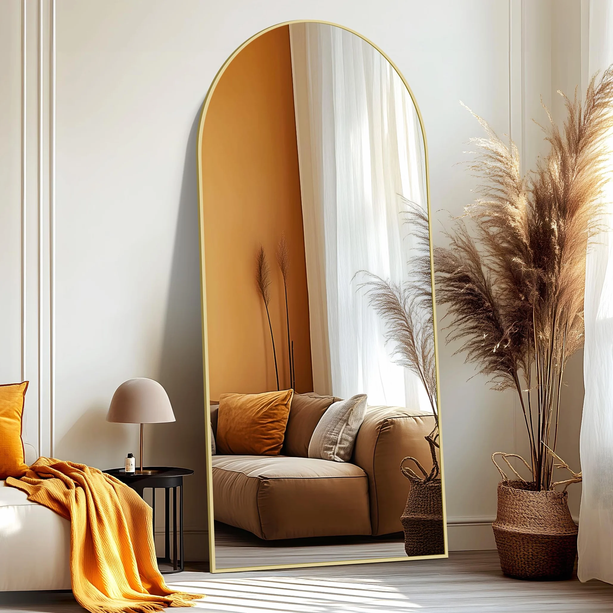 NASSYOU Specchio da Terra, 192 x 85 cm Specchio ad Arco con Cornice in Alluminio Oro per Bagno, Camera da Letto, Ingresso e Corridoio