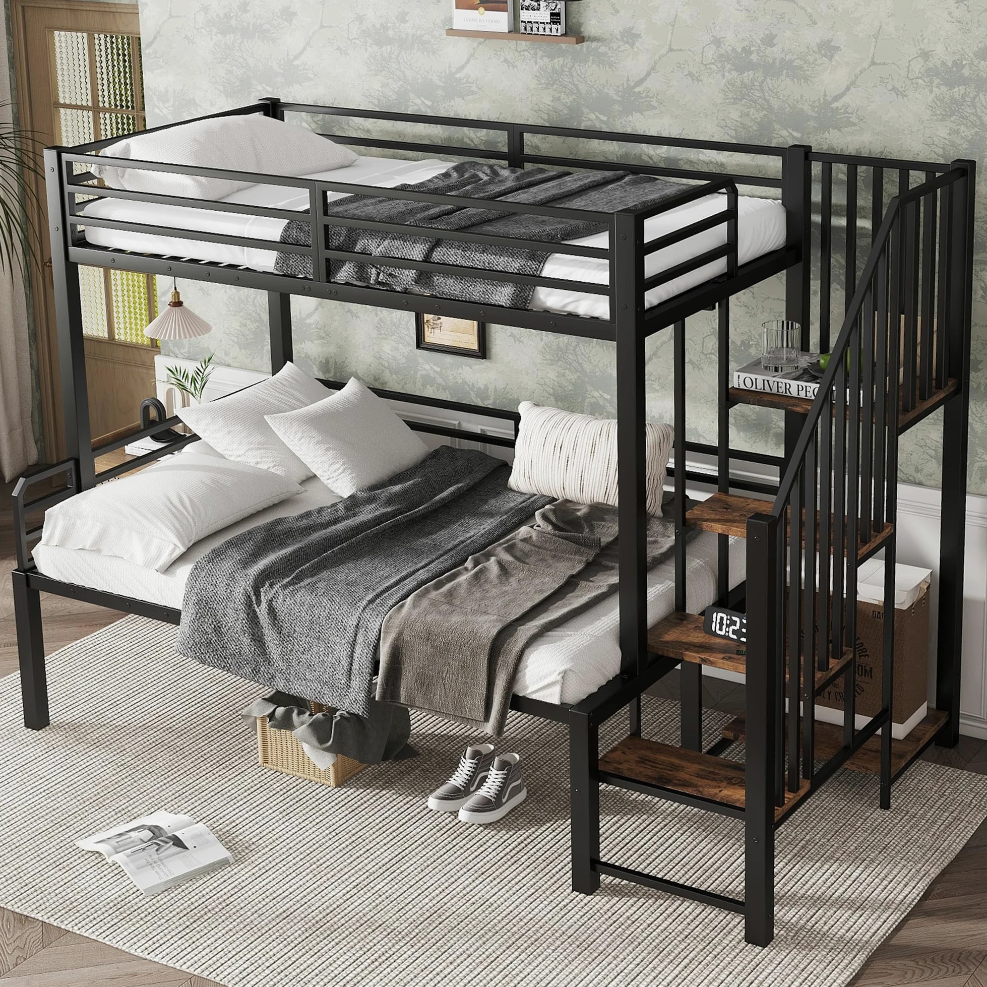 Idemon Letto in ferro a castello, cabina angolare, vano portaoggetti, MDF, nero+legno vintage, 90x200 cm e 120x200 cm