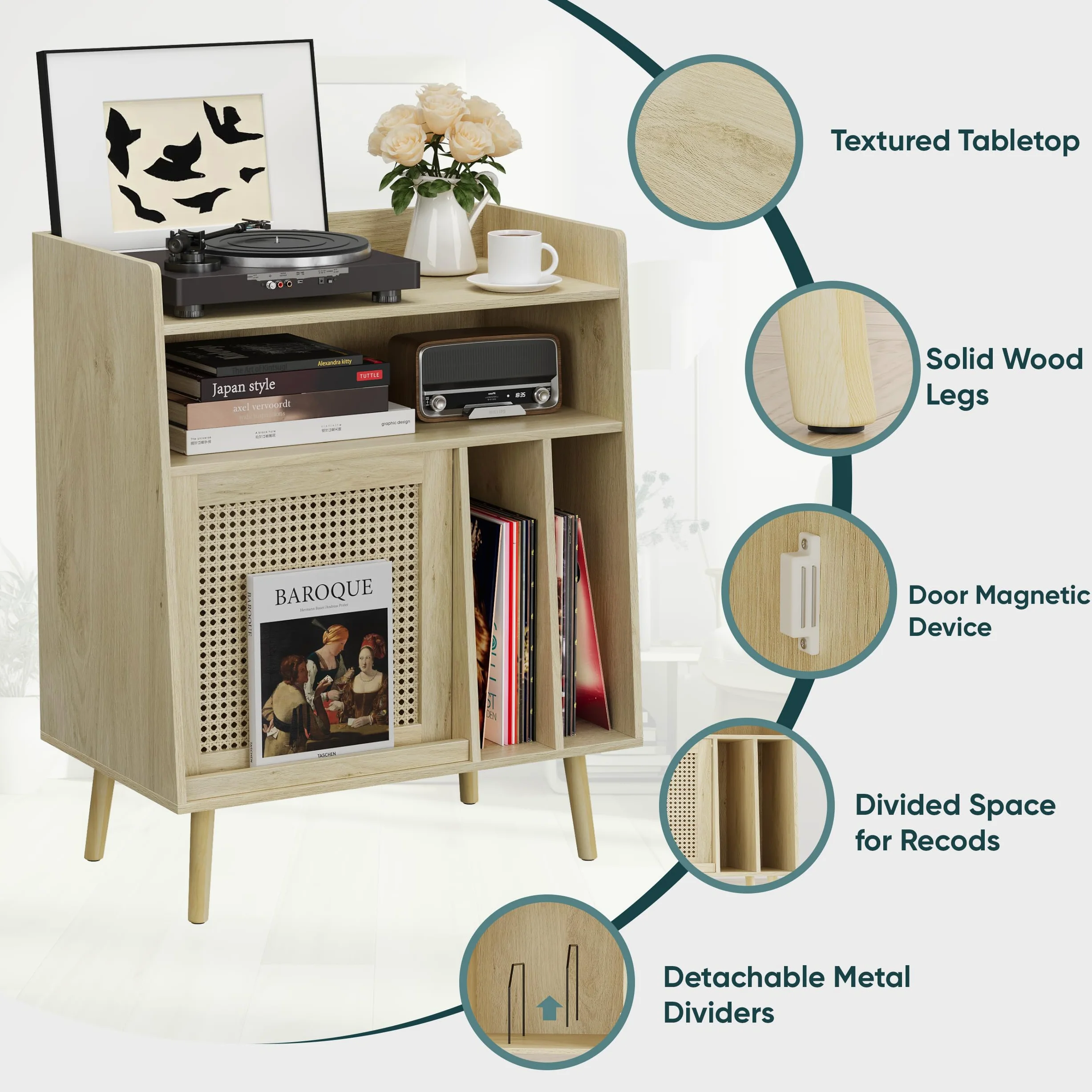 Semiocthome Giradischi con funzione di conservazione in vinile, supporto per dischi con ante in rattan e gambe in legno massello, adatto per giradischi. (grande)
