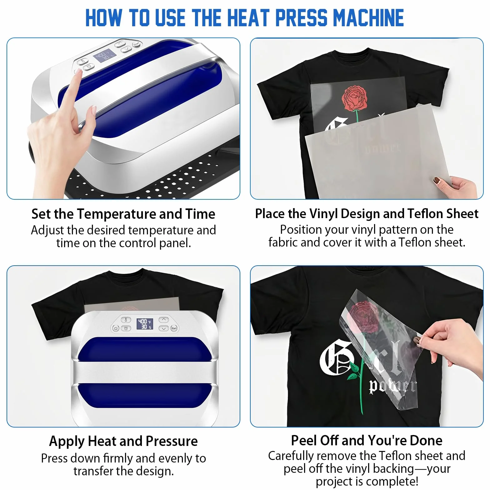 Pressa a Caldo 30×25 cm/12"x10", Pressa Transfer Portatile, Heat Press a Riscaldamento Rapido per Sublimazione e Vinile HTV, Pressa per Magliette, Cuscini e Progetti DIY (Blu)