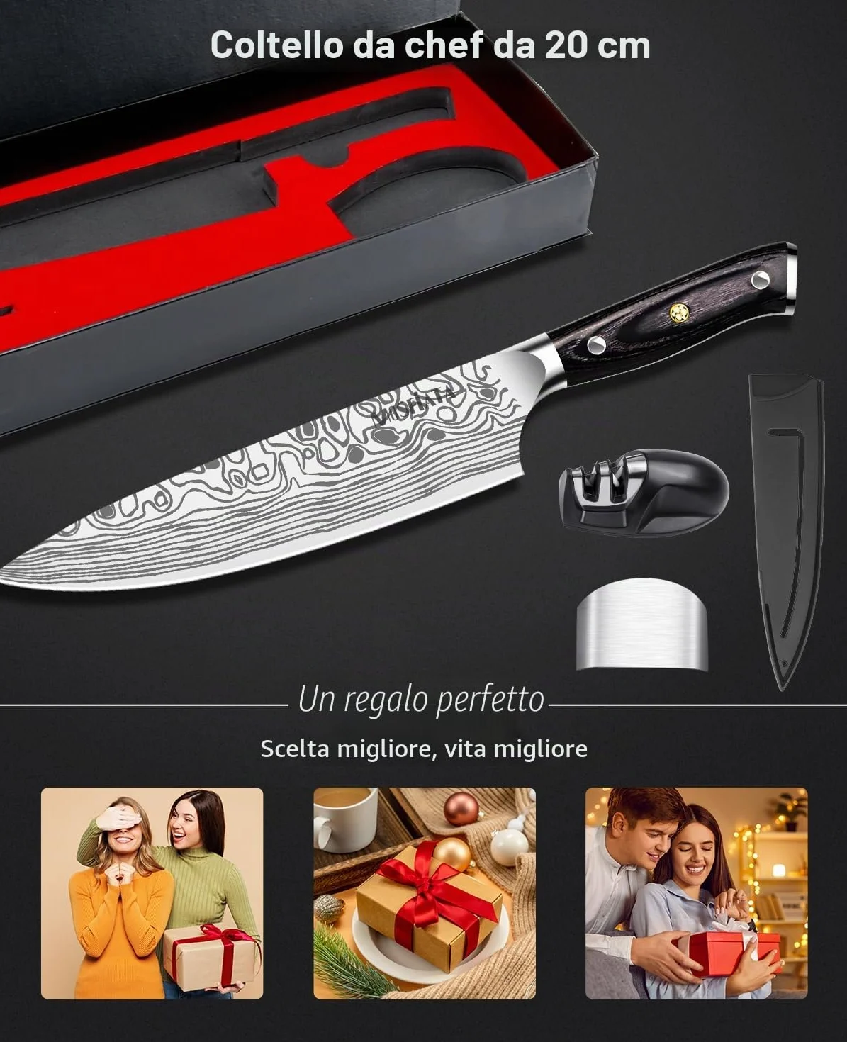 MOSFiATA Coltelli da Cucina Professionale Chef con Fodero, Protezione del Dito e Affilatore, in Acciaio Inossidabile con Manico Micarta - 20CM