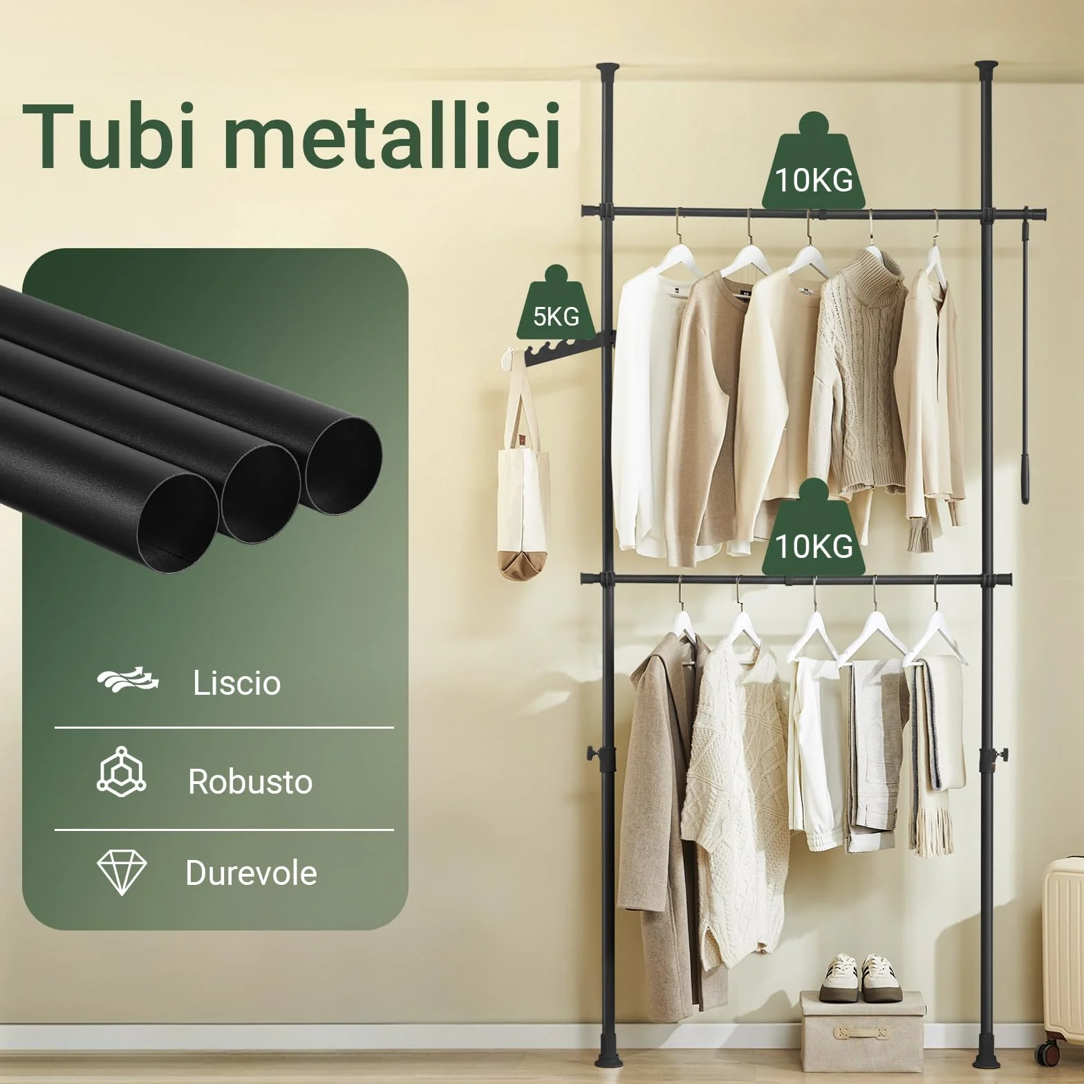 SoBuy Appendiabiti Telescopico, Stand Appendiabiti Robusto, Guardaroba Aperto Regolabile con Barre Appendiabiti per Camera da Letto, Cabina Armadio, Nero FRG109-II-SCH