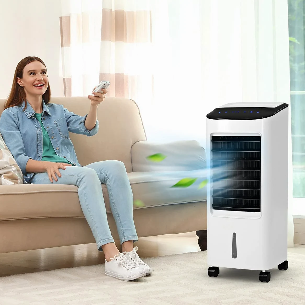 GYMAX Raffrescatore d'Aria senza Tubo, 65W Condizionatore Portatile con Ghiaccio e Acqua 7L, 3 in 1 Raffrescatore Evaporativo Oscillazione Automatica, Timer 7,5h Telecomando per Casa e Ufficio, Bianco