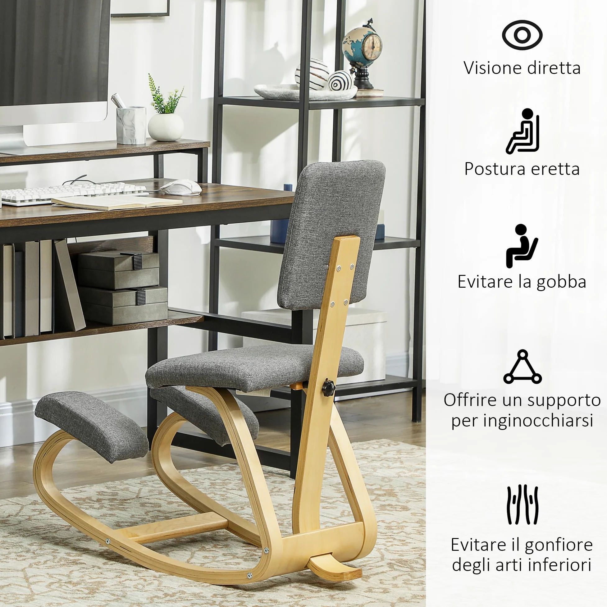 HOMCOM Sedia Ergonomica a Inginocchiatoio con Movimento a Dondolo, Sedia Ergonomica Imbottita Posturale in Tessuto Effetto Lino e Legno di Betulla, 51x84x93 cm, Grigio