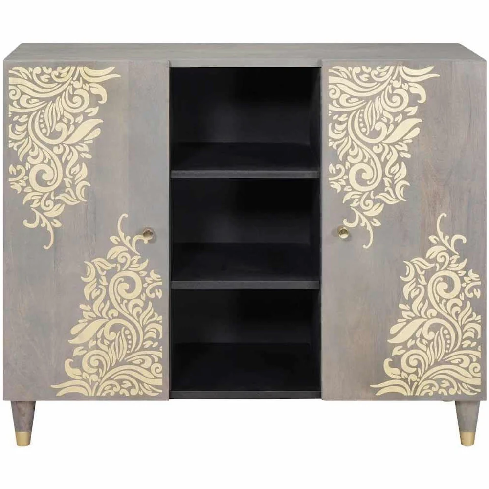 Credenza grigio e oro in legno massello mango 90 x 33 x 75 cm con pomelli in ottone e design serigrafato, vano portaoggetti con 2 ante a cerniera per soggiorno, media, hifi e stoccaggio