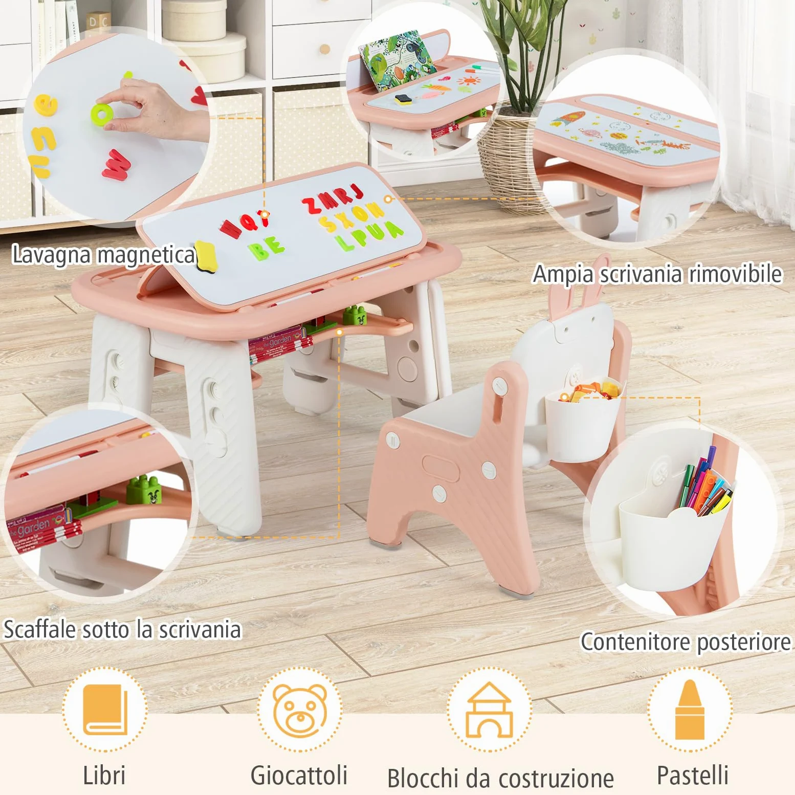 RELAX4LIFE 2 in 1 Set Tavolo e Sedia per Bambini con Lavagna Doppia Faccia Magnetica e Cancellabile, Altezza Regolabile, Cestello Portaoggetti, Tavolino per Bambini 1-12 Anni (Rosa)