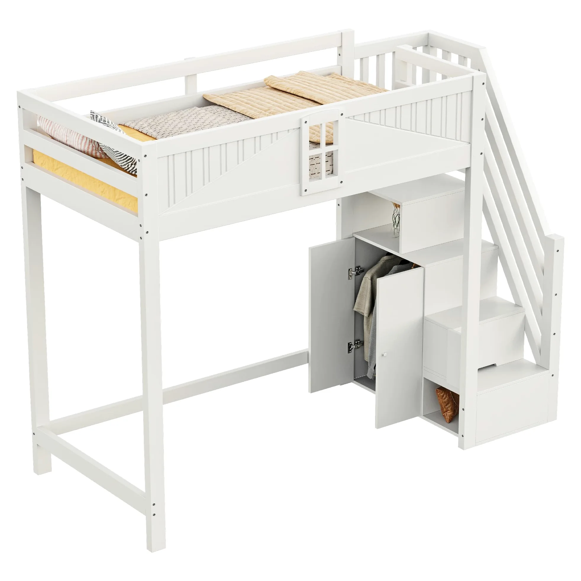 Azkoeesy Letto a soppalco per bambini con scala e armadio, 90 x 200 cm, in legno di pino, grigio-bianco, design a forma di finestra, per adulti e ragazzi (bianco)