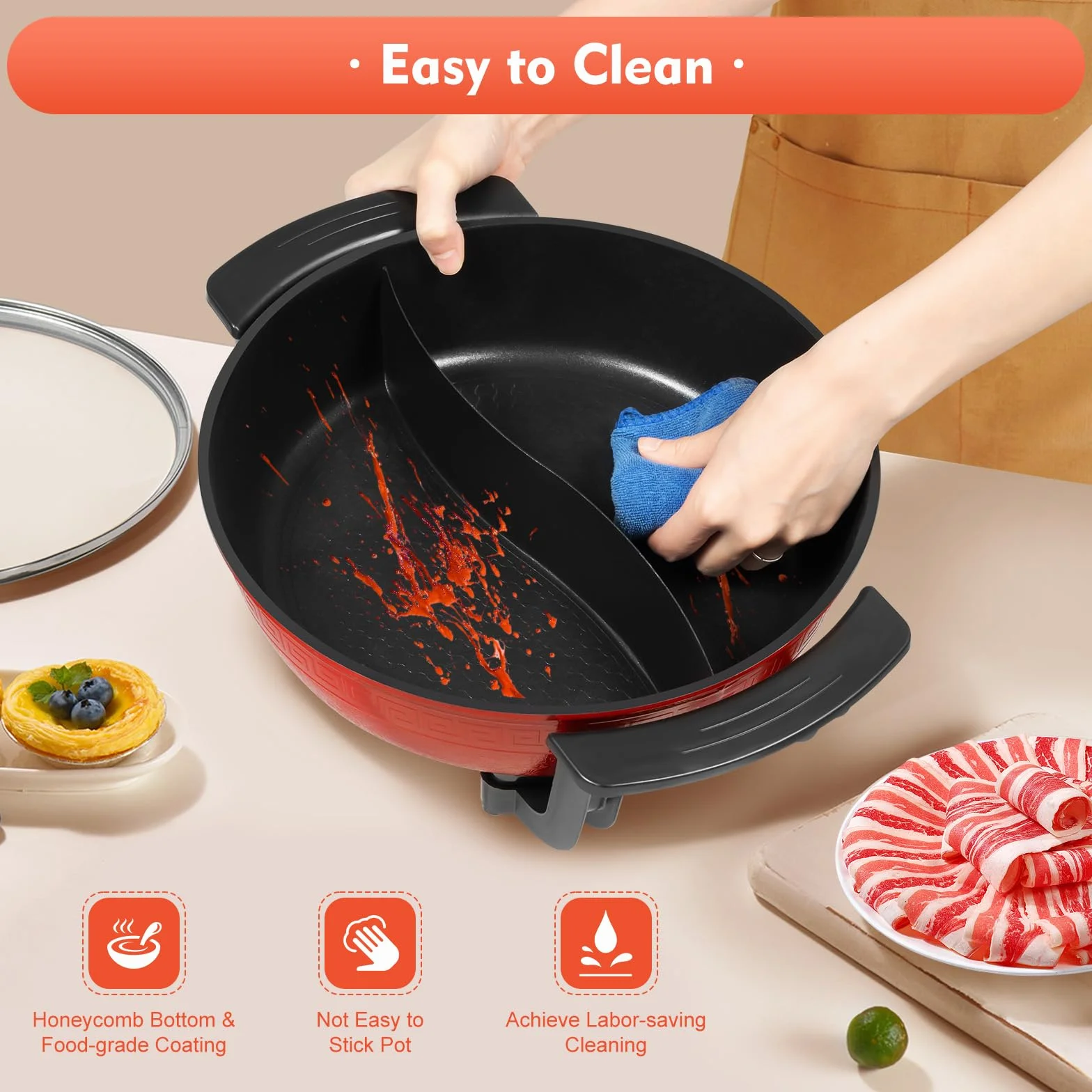 Yin e Yang Fonduta Cinese Hot Pot Elettrico 6L 1360W Divisore Wok Rosso