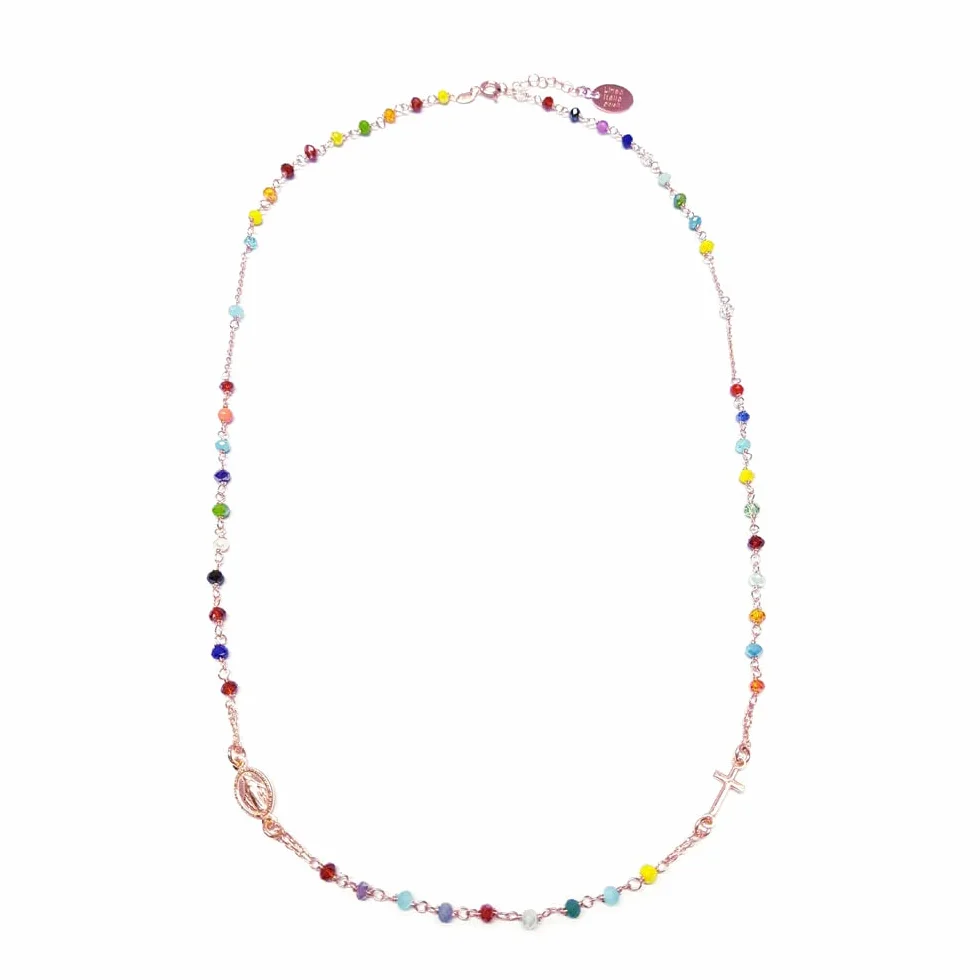 Linea Italia Gioielli Collana Rosario Girocollo Donna Argento 925 Placcato Rosa Pietre Colorate Croce Medaglietta Madonna Made In Italy
