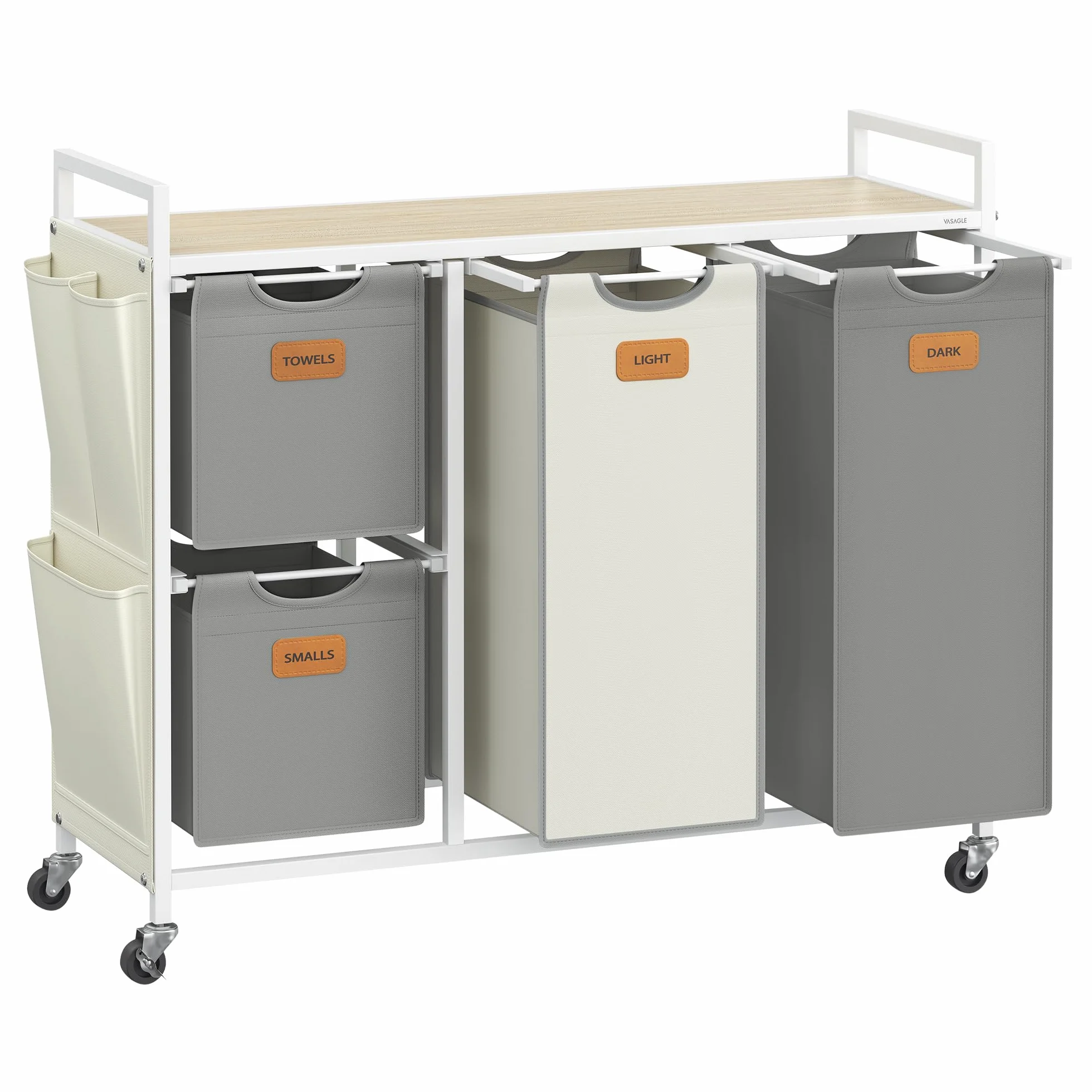 VASAGLE Carrello Portabiancheria 4 Scomparti 150 L con Piano e Sacchi, Beige Naturale Grigio Tortora Bianco Crema