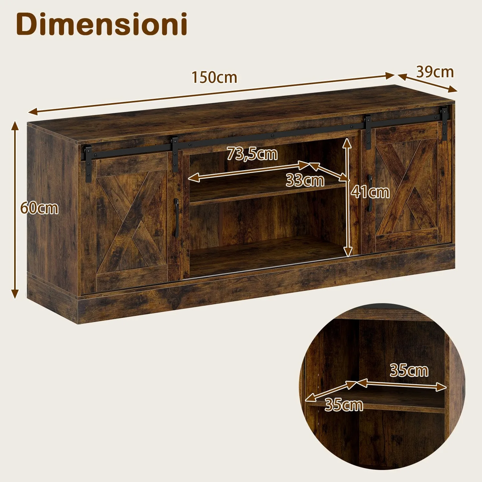 COSTWAY Mobile TV Soggiorno fino a 70'', Tavolino Porta TV con Porte Scorrevoli, Ripiani Regolabili, Consolle Media 150 cm per Soggiorno, Camera da Letto e Ingresso