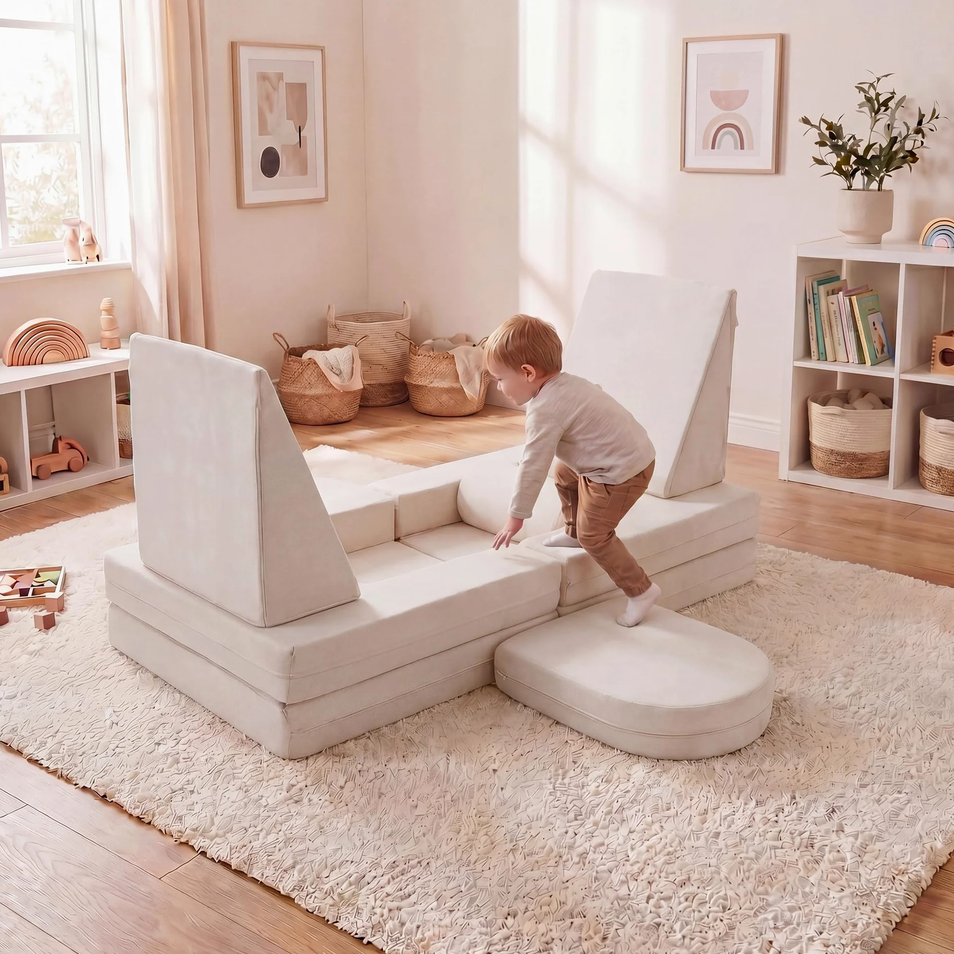 LIFEZEAL Divano Modulare per Bambini, Set di 10 Blocchi di Costruzione in Schiuma con Diverse Forme, Divano da Gioco Convertibile con Fodere Lavabili in Lavatrice per Bmabini 3+ Anni (Beige)