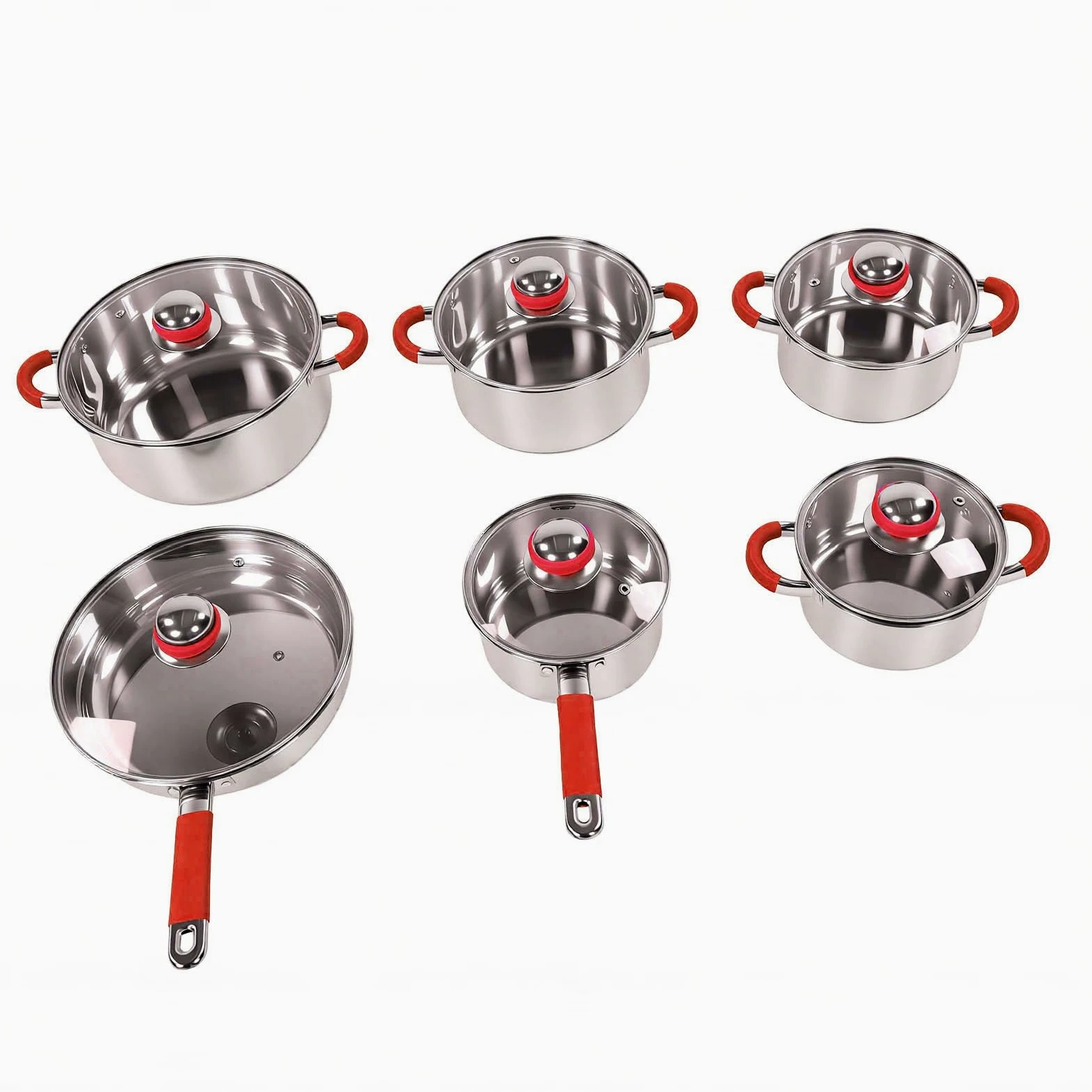 Fockety Set di pentole, set da 6 pezzi in acciaio inox con coperchi in vetro, base rinforzata a triplo strato per tutti i piani cottura, ideale per la cucinas di tutti i giorni (rosso)