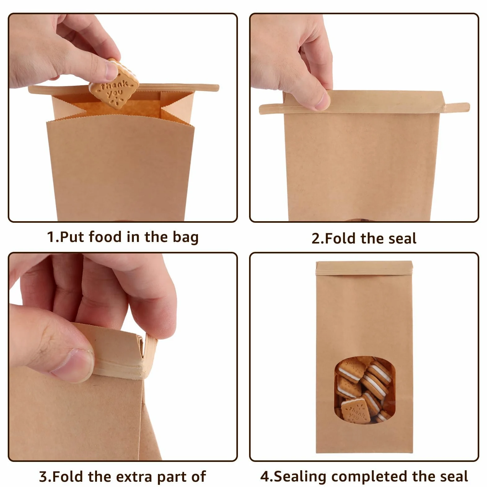 YAYODS 100 sacchetti di carta con finestra, 24 x 12 x 6,5 cm, sacchetti di carta kraft piccoli, sacchetti di carta marrone con chiusura, per biscotti, toast, panini, caramelle, chicchi di caffè