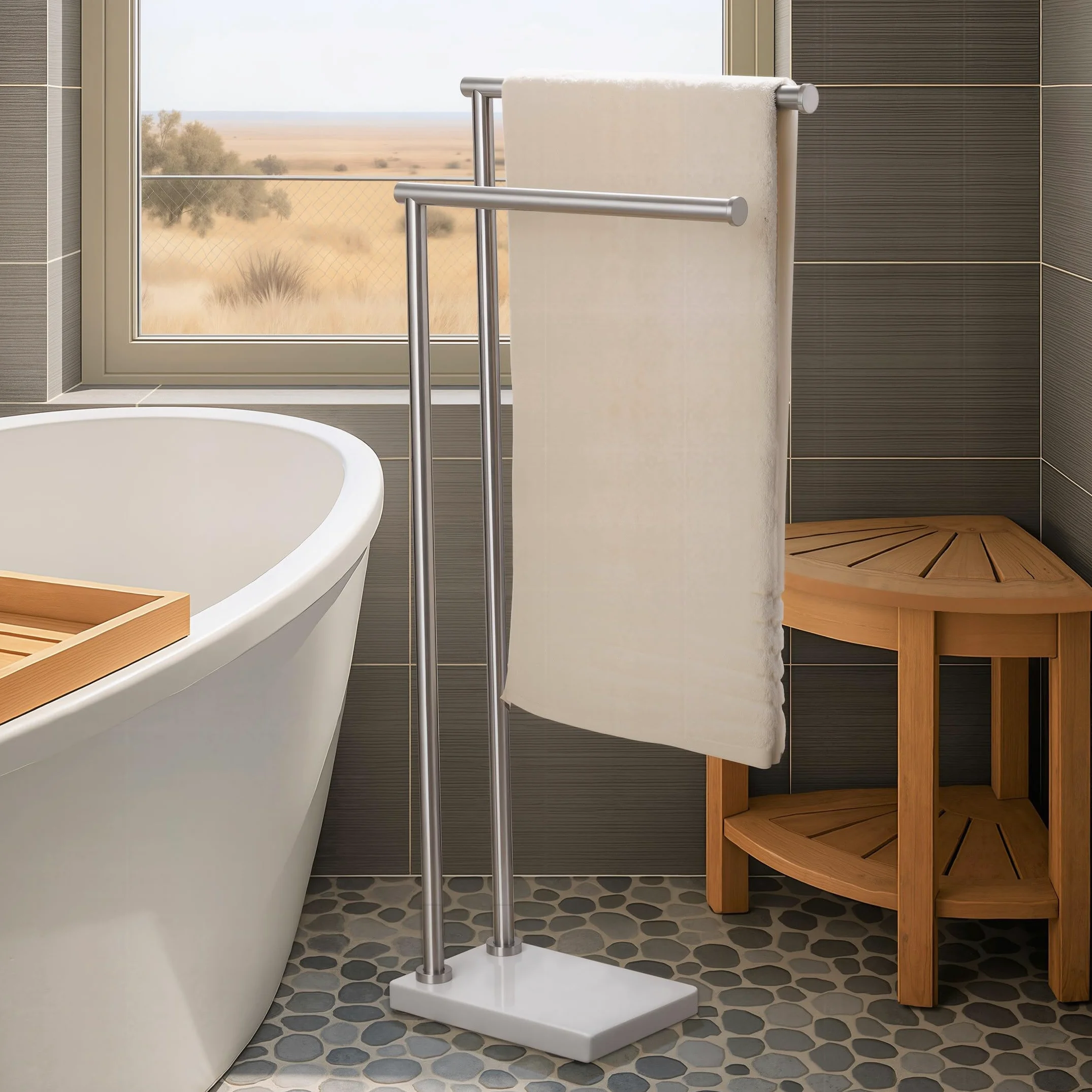 KES - Portasciugamani autoportante senza oscillazioni con base ponderata in marmo naturale, supporto portasciugamani a 2 livelli per pavimento del bagno, design costante aggiornato, acciaio