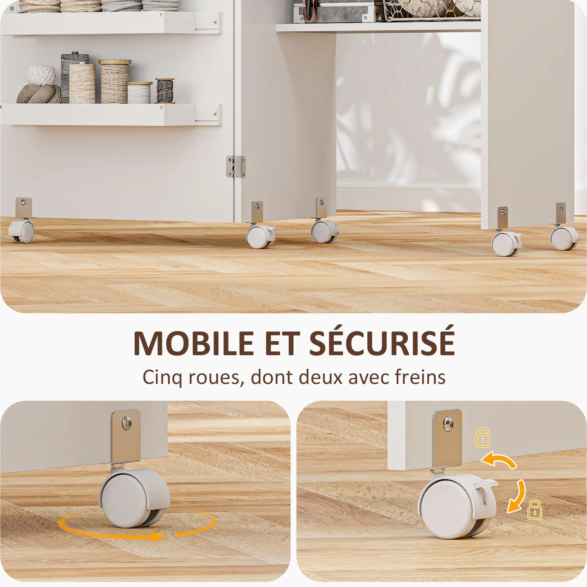 HOMCOM Tavolo da cucito pieghevole Armadio da cucito pieghevole con scomparti, ripiano aperto e rotelle, mobile per macchine da cucire, per soggiorno, ufficio, studio, dim. 118 x 40 x 79,5 cm, bianco