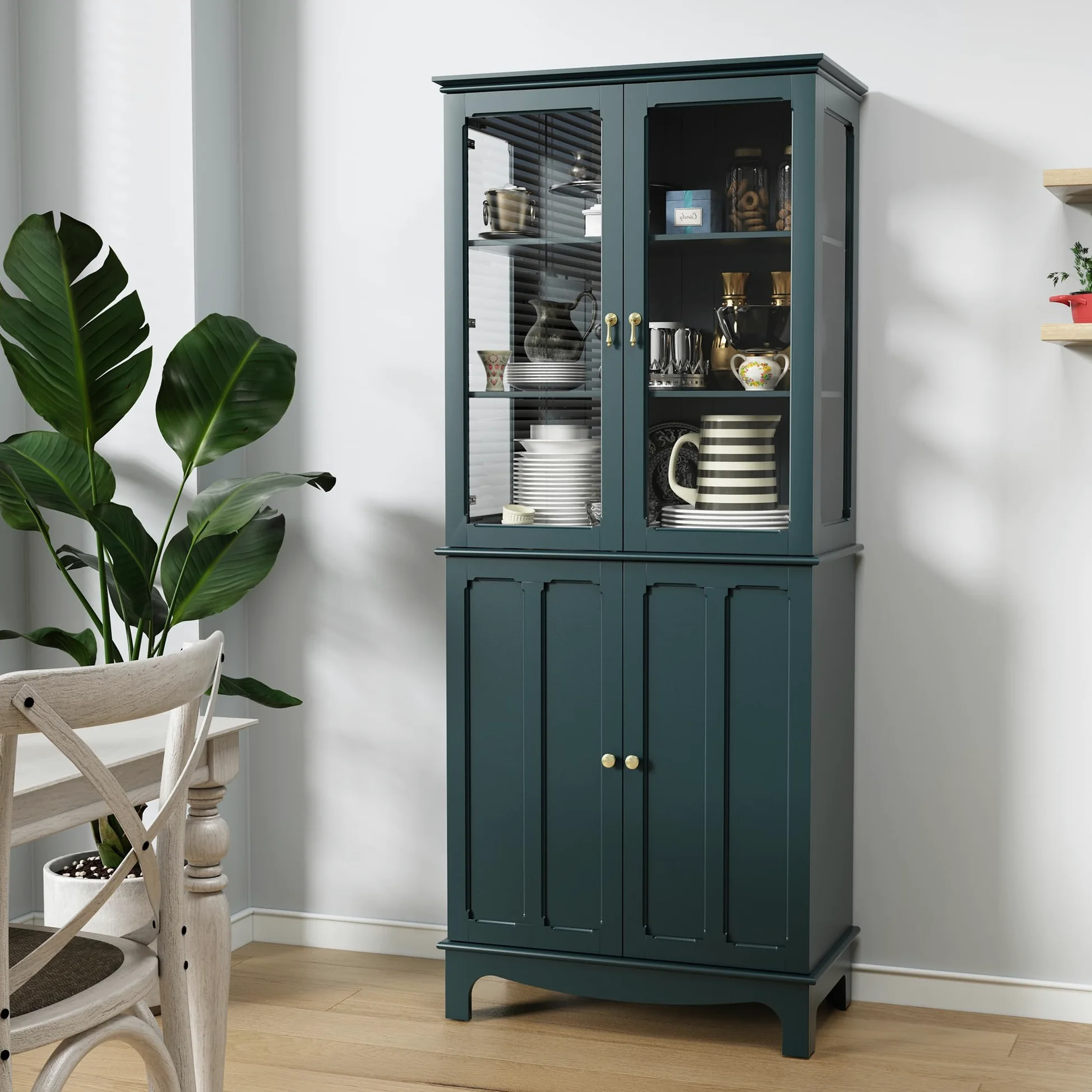 HOLTICO Vetrina Espositiva Soggiorno, Armadio Cucina Indipendente con Ante in Vetro e Legno, Cristalliera Classica con Ripiani Regolabili, Mobili Cucina per Collezionismo, Cucina e Soggiorno, verde