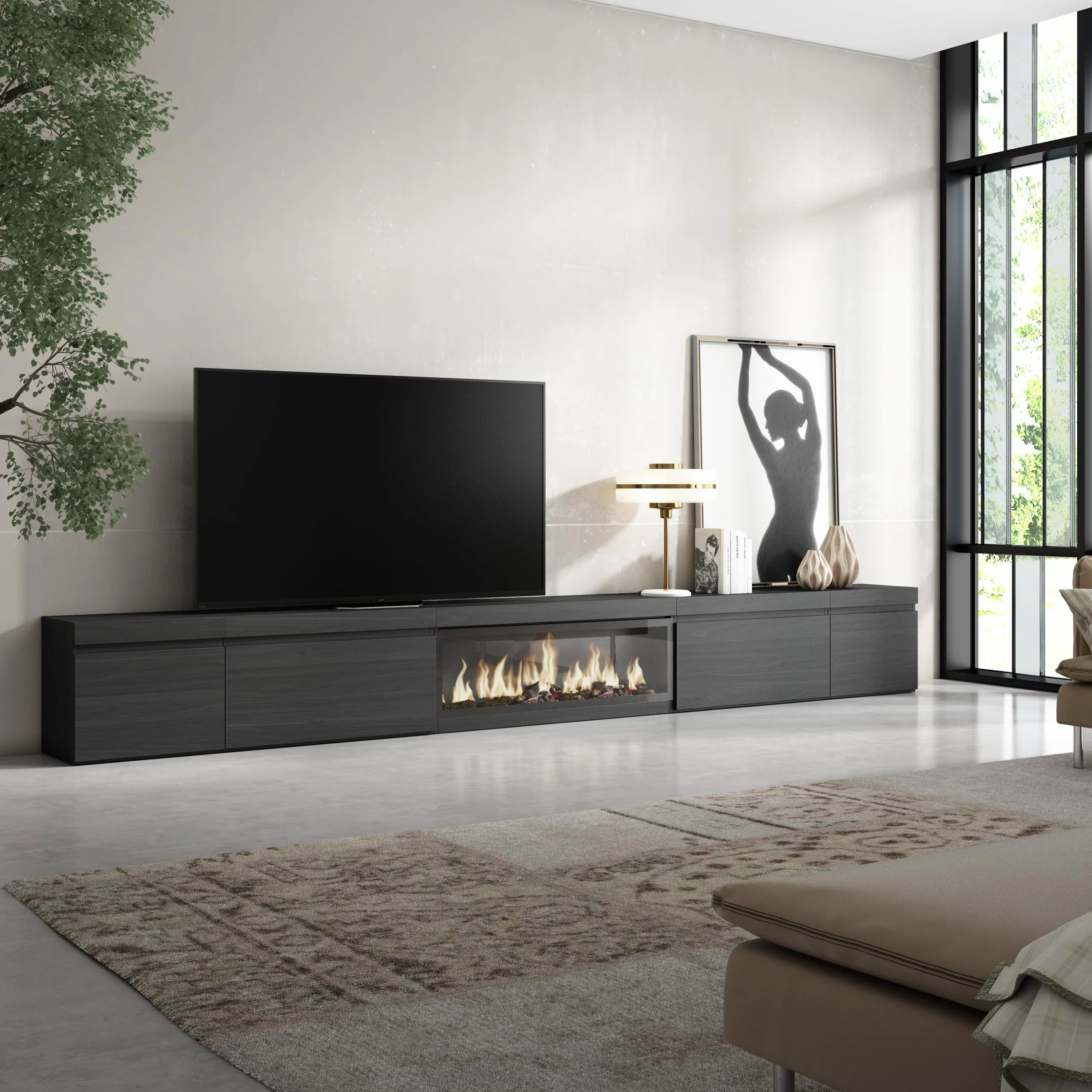 Skraut Home | Mobile TV Soggiorno | Ampio spazio a disposizione | 368x45x35 | Camino elettrico XXL | Stile moderno | Nero