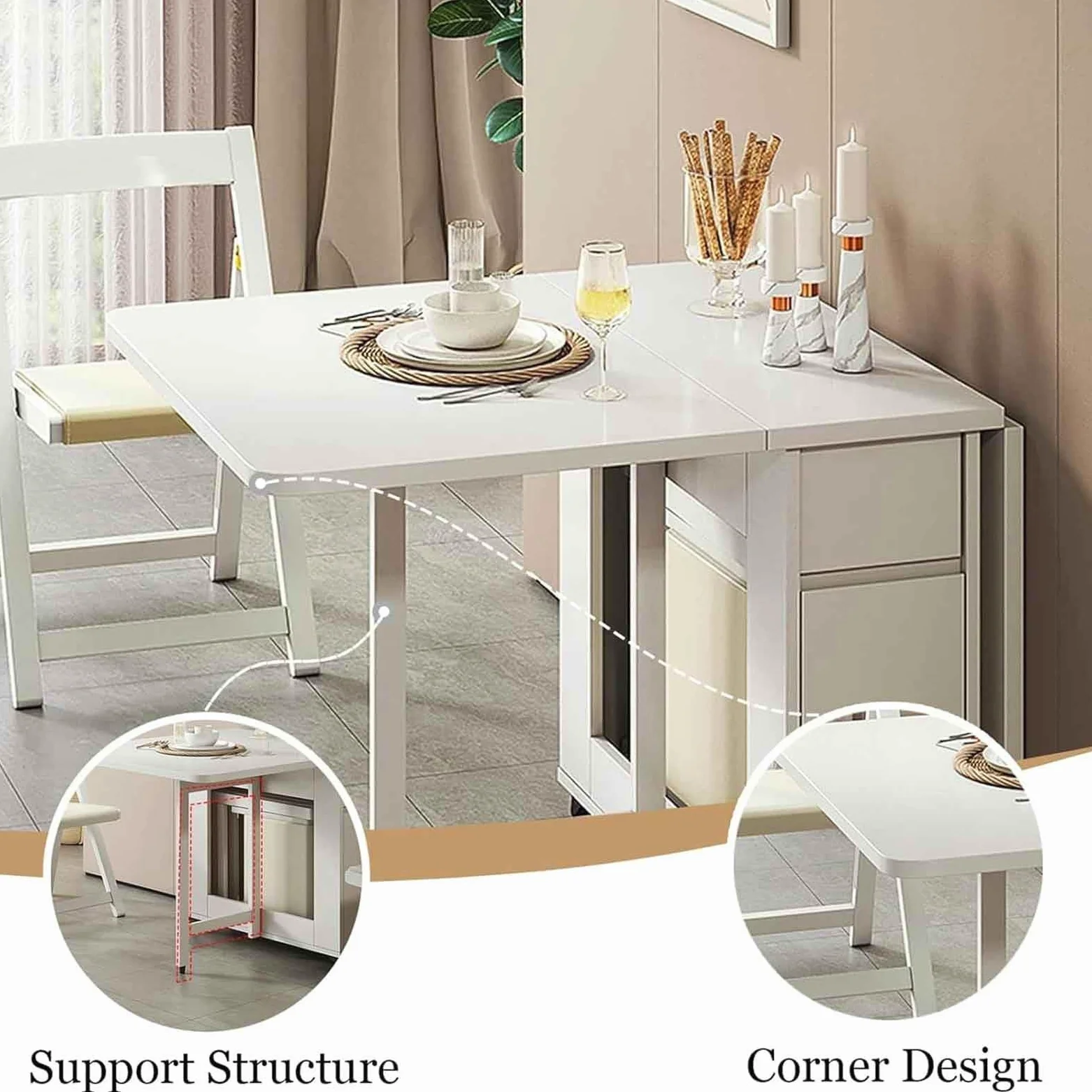 Set Tavolo da Pranzo Pieghevole in Legno Massello, Tavolo Industriale con Ribalte con 4 Sedie e Cassetto Tavoli Allungabili a Scomparsa Multifunzionali for Cucina Soggiorno(White)