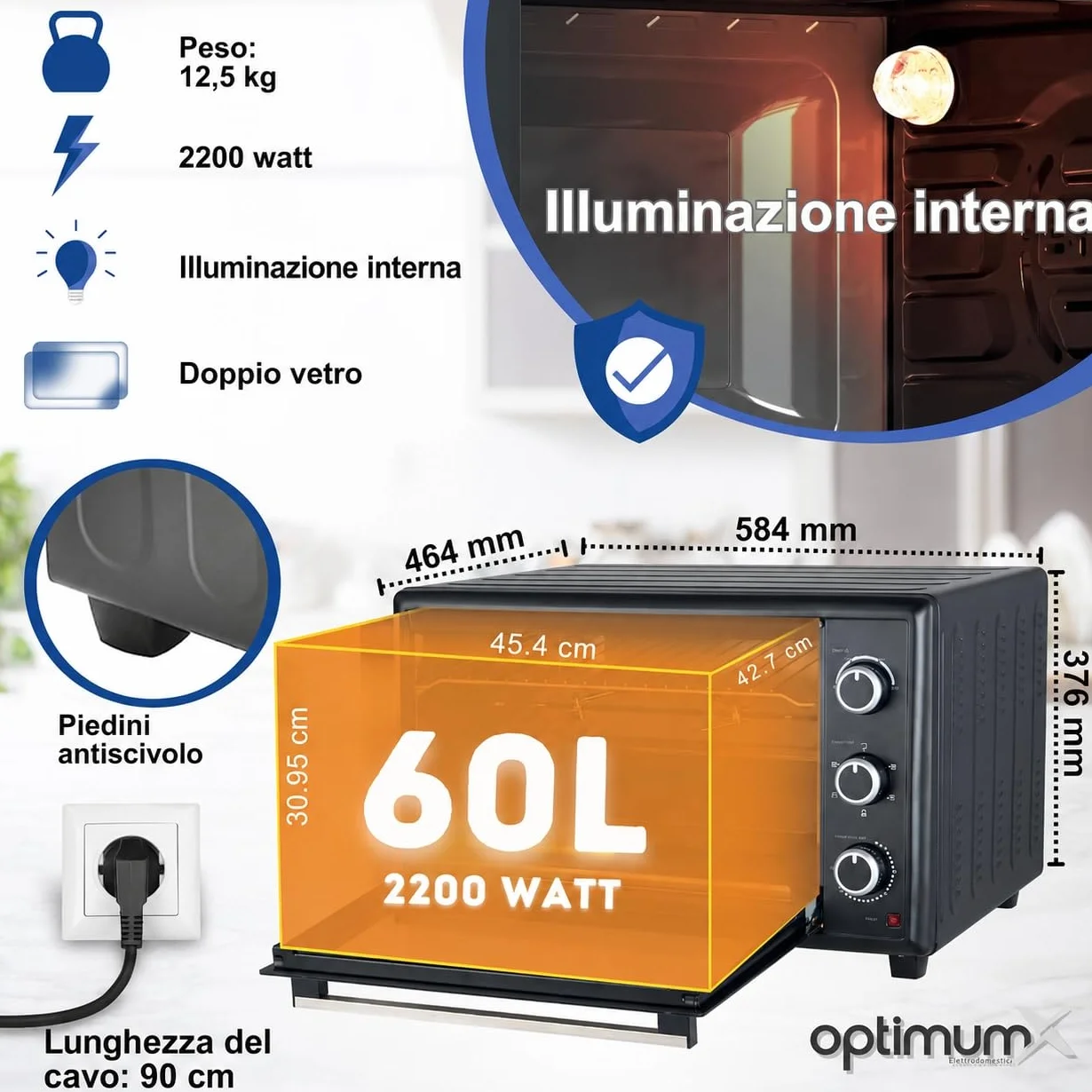 OptimumX Forno Elettrico 60L Ventilato 2200W Girarrosto Nero