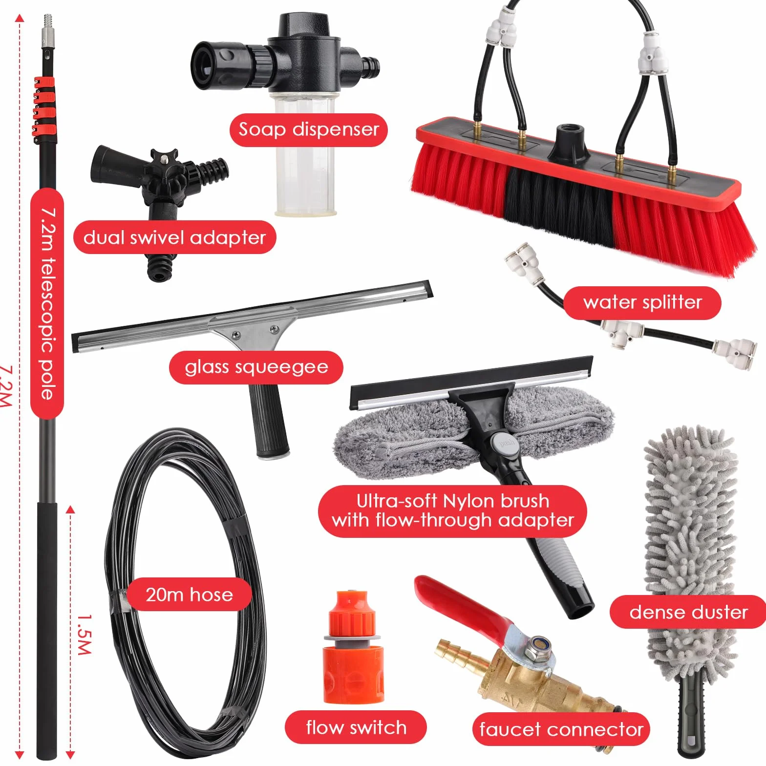 Spazzola di lavaggio telescopica 4 in 1, 7,2 m, per fotovoltaici, finestre, camper e tetti – asta telescopica e spazzola telescopica, set di pulizia con attacco dell'acqua, spazzola per la pulizia e