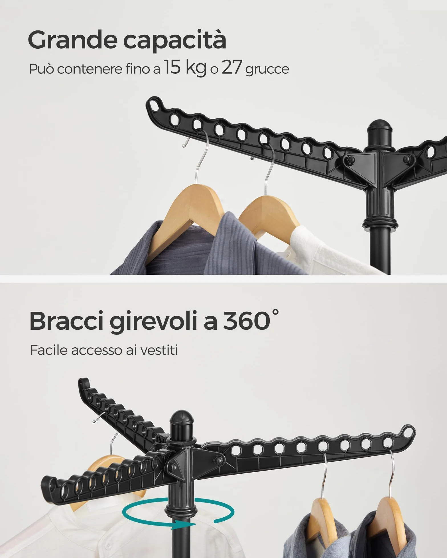 SONGMICS Stendibiancheria Verticale Salvaspazio, Stendino da Terra, 3 Bracci Girevoli, 4 Gambe, per Uso Interno, Acciaio Inossidabile, per fino a 27 Capi, Altezza 150 cm, Nero LLR510B01