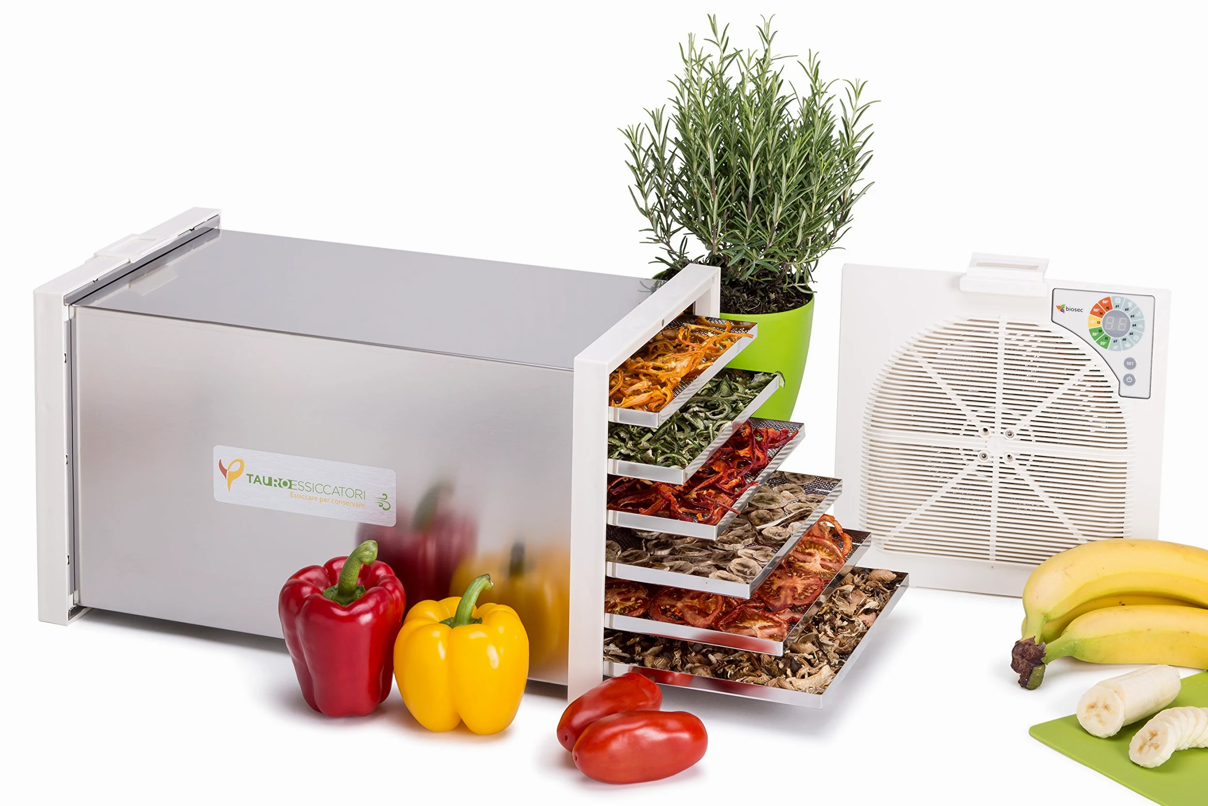 Tauro Essiccatori, Essiccatore alimentare Biosec Deluxe B6 a flusso orizzontale Made in Italy in acciaio inox con 6 cestelli, potenza 550W essicca fino a 3,5Kg