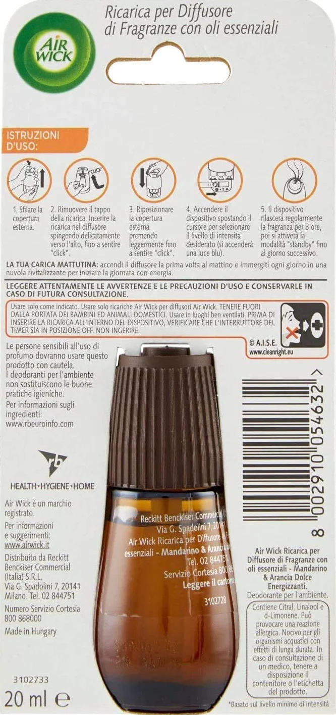 Airwick Ricariche per Diffusore di Oli Essenziali Armonia Istantanea, Confezione da 1 Ricarica per il Diffusore di Oli Essenziali Profumatore per Ambienti alla Fragranza di Mandarino e Arancia Dolce