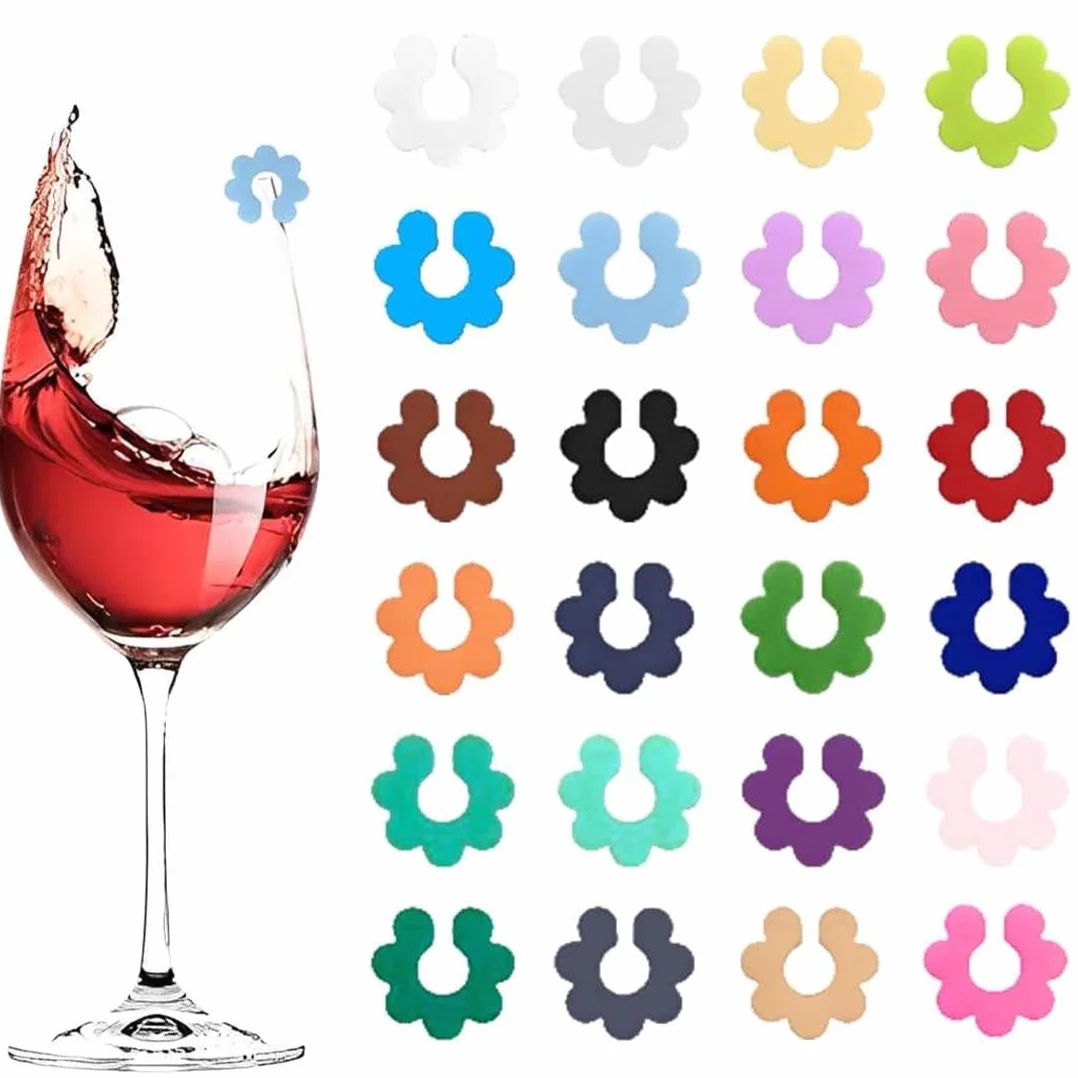 Segna Bicchieri Calici in Silicone, Anelli Identificatori Colorati per Feste, Champagne e Cocktail, 24 Pezzi