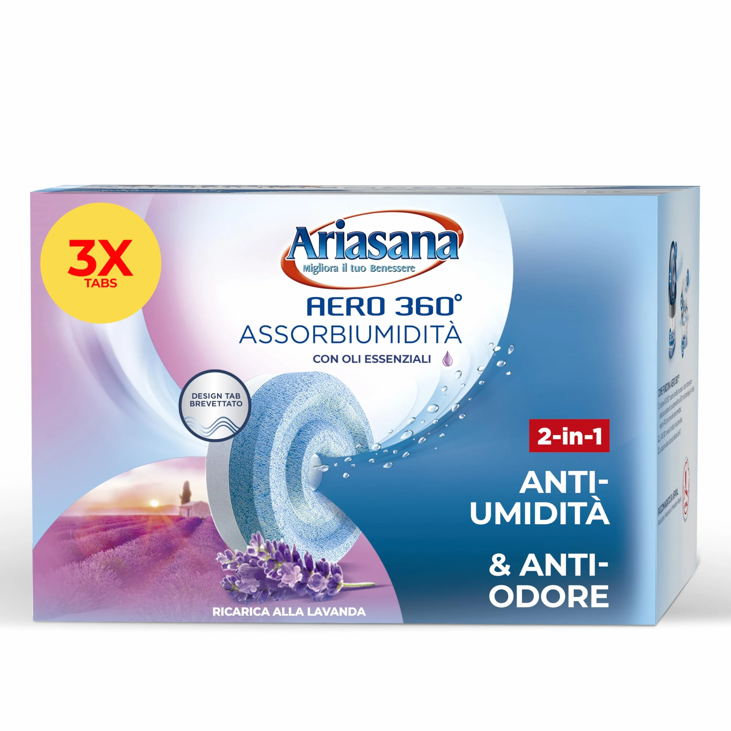 Ariasana Tripack Lavanda, Ariasana Aero 360° Ricarica per Dispositivi con Capacità ≥ 450g, Tab Profumate Assorbi Umidità, Ricarica Tab contro i Cattivi Odori, 1 Confezione da 3 Pezzi da 450g