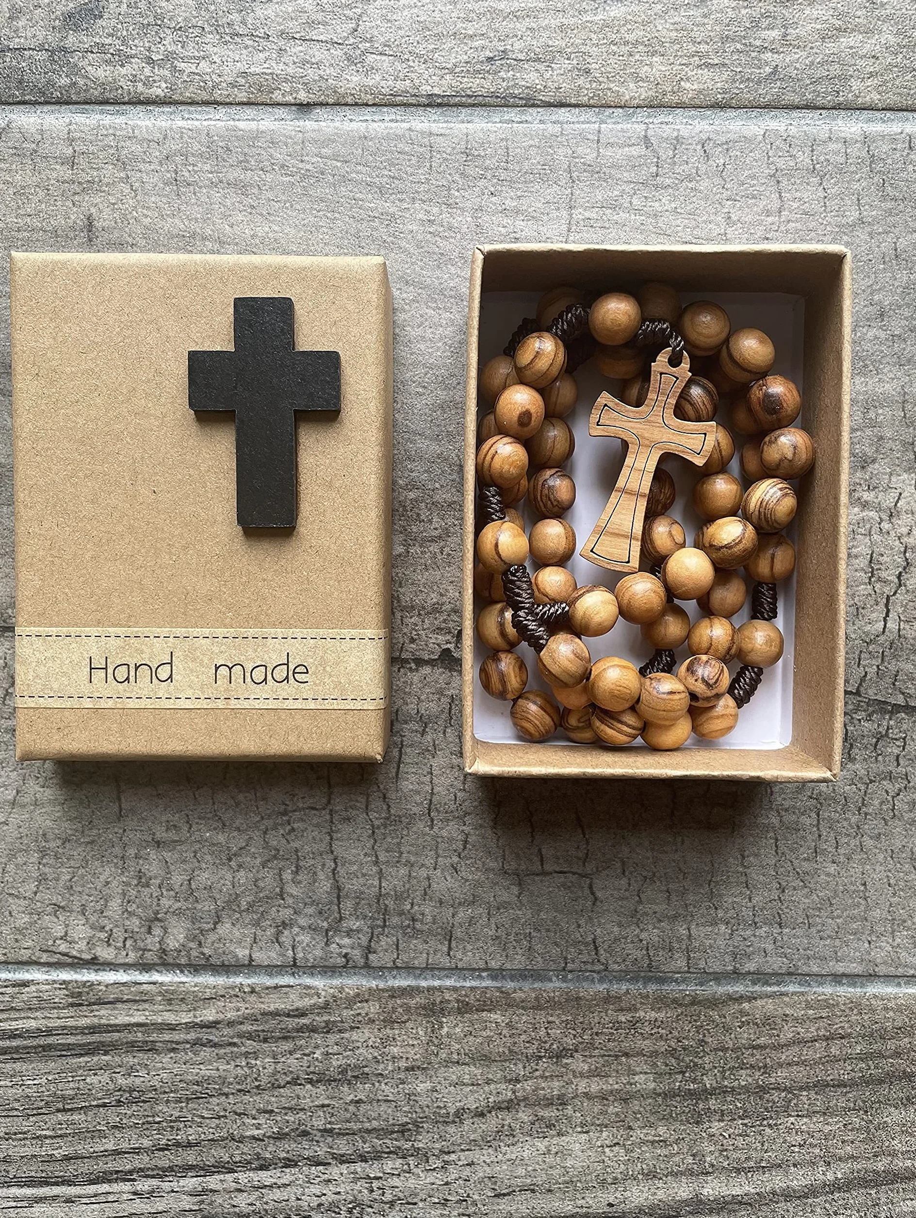 rosario in legno d'ulivo fatto a mano a Gerusalemme, rosario in scatola di carta Kraft con crocifisso, regalo battesimo, comunione, feste cristiane, nascita, compleanno, protezione auto, casa