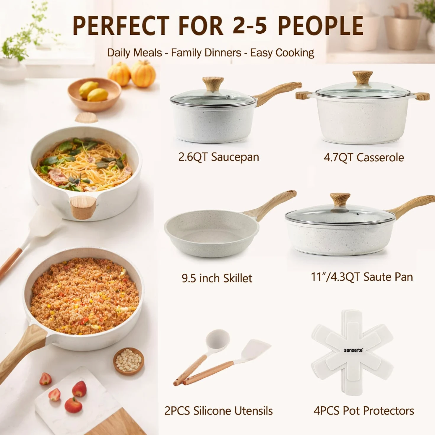SENSARTE Set di pentole in ceramica antiaderente, set da 13 pezzi di pentole e padelle atossiche, set da cucina salutare con manici che rimangono freschi, strumenti in silicone e protezioni per