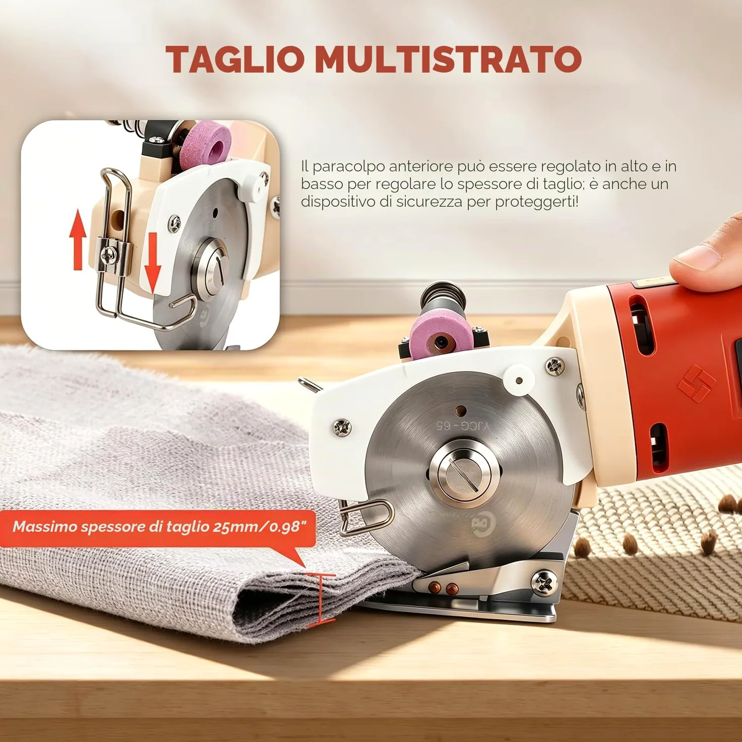 CGOLDENWALL Forbici Elettriche per Tessuti 170W con Rotella di Affilatura Automatica, 1 Lama di Ricambio da 22mm (0,87 pollici) max. Taglio per Pelle, Cartone, Moquette YJ-65