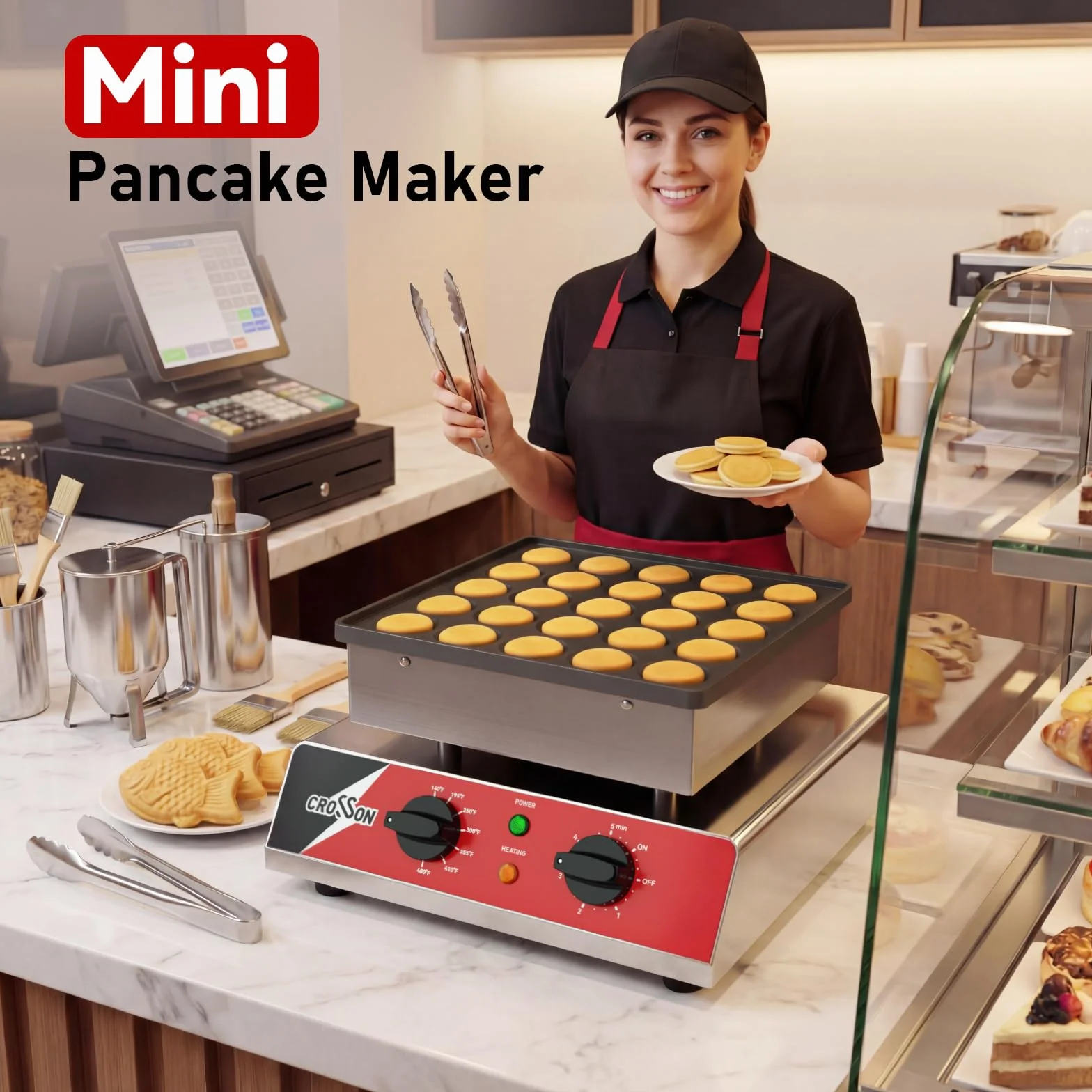 CROSSON Macchina per Mini Pancake 25 Fori 43 mm 850W Antiaderente Controllo Temperatura per Dorayaki Poffertjes Muffin