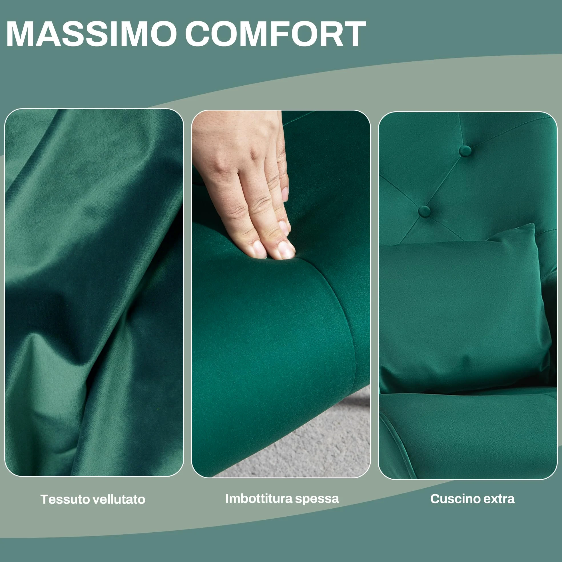 HOMCOM Poltrona a Dondolo in Velluto con Schienale Alto, Sedia a Dondolo con Cuscino e Braccioli per Salotto e Camera da Letto, Verde