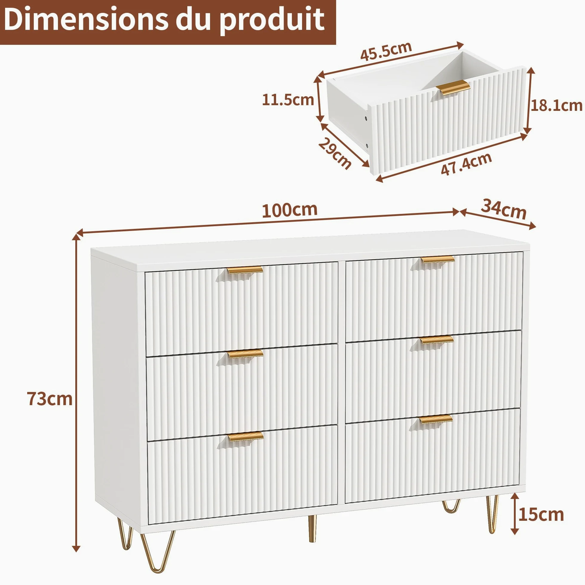 Cassettiera bianca, cassettiera moderna, 6 cassetti, in legno con manici dorati, cassettiera per camera da letto, piccola scanalata (6 cassetti)