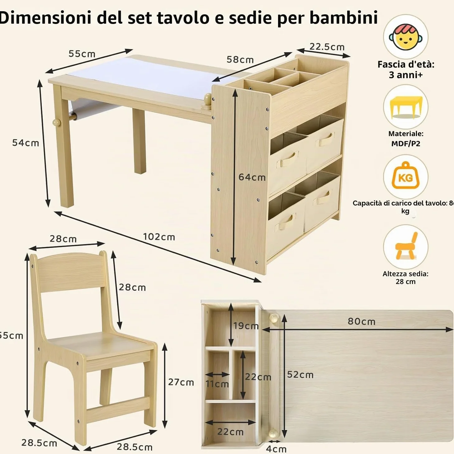 MAMIZO Tavolo per Bambini con 2 PCS Sedie, Tavolo in Legno con Rotolo di Carta, Mobile Montessori per Bambini 3-8 Anni, Ideale per Pittura/Leggere/Mangiare/Giocare, Montaggio Semplice Giallo