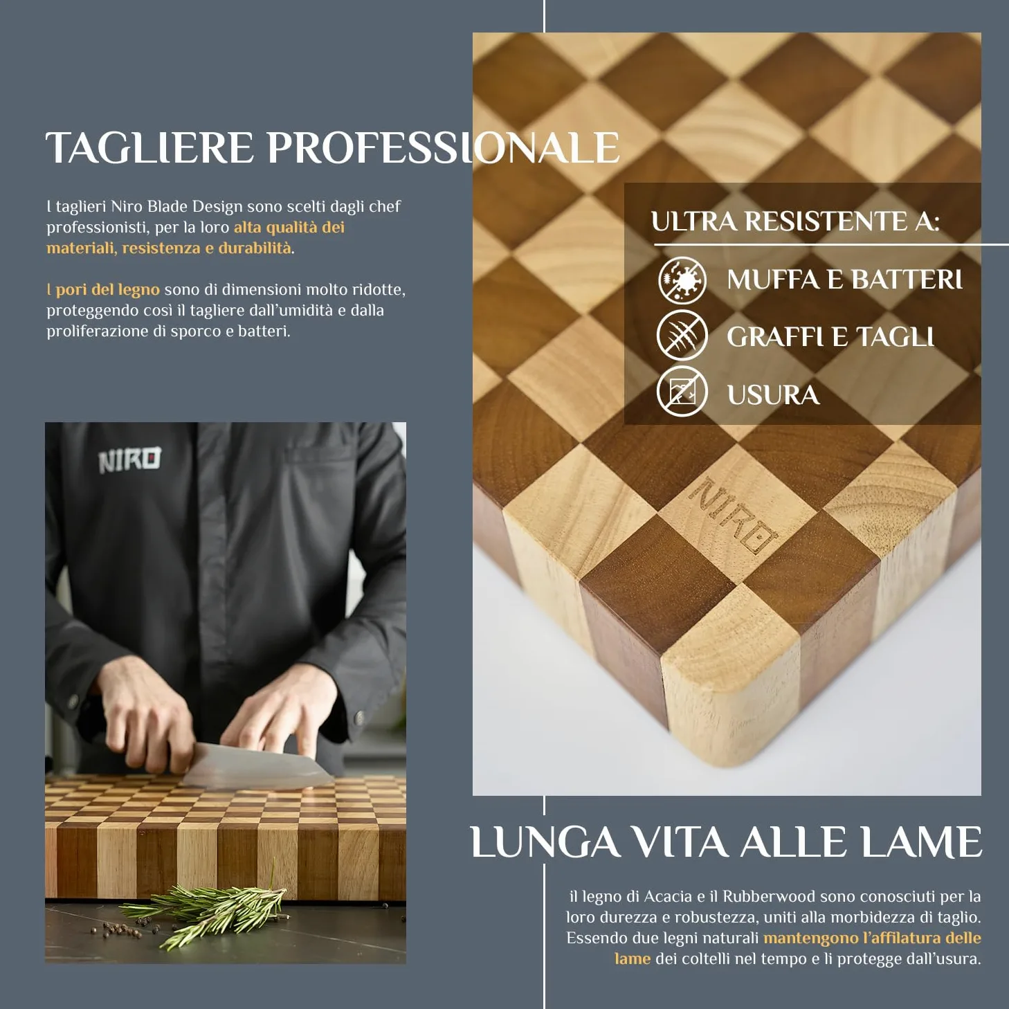 NIRO Tagliere da Cucina Professionale XXL, SPESSORE 4 CM in Legno 100% Pará Naturale Rubberwood, Dimensioni 40 x 30 x 4 cm, Atossico, Legno Massello Pregiato, Vassoio da Portata, Design Unico