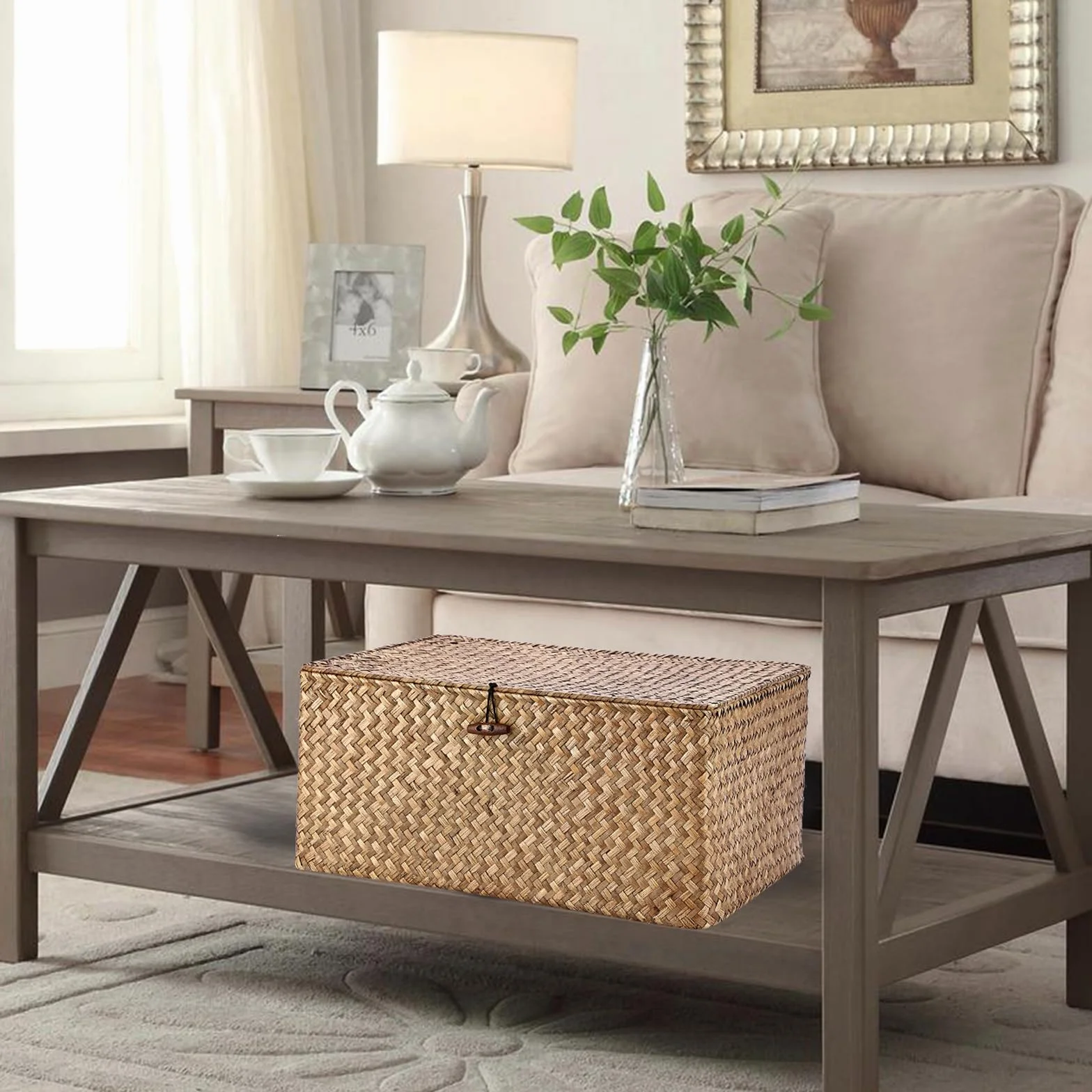 Cesto portaoggetti in vimini con coperchio, rettangolare, organizer da bagno, scatola decorativa