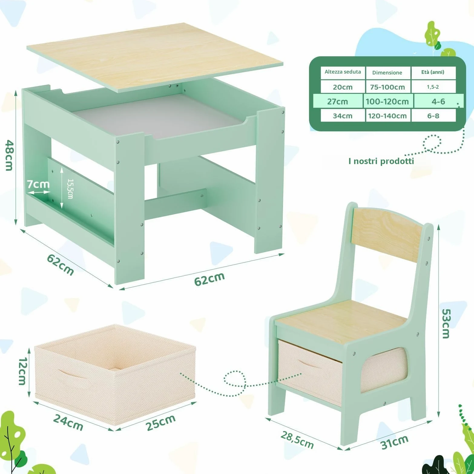 MAMIZO Tavolo per bambinicon 2 sedie, 3 in 1 Set tavolo e sedie, Mobili in legno per bambini con contenitori e librerie, Tavolo da gioco e attività, Tavolo da disegno, 3-7 ann (Verde)