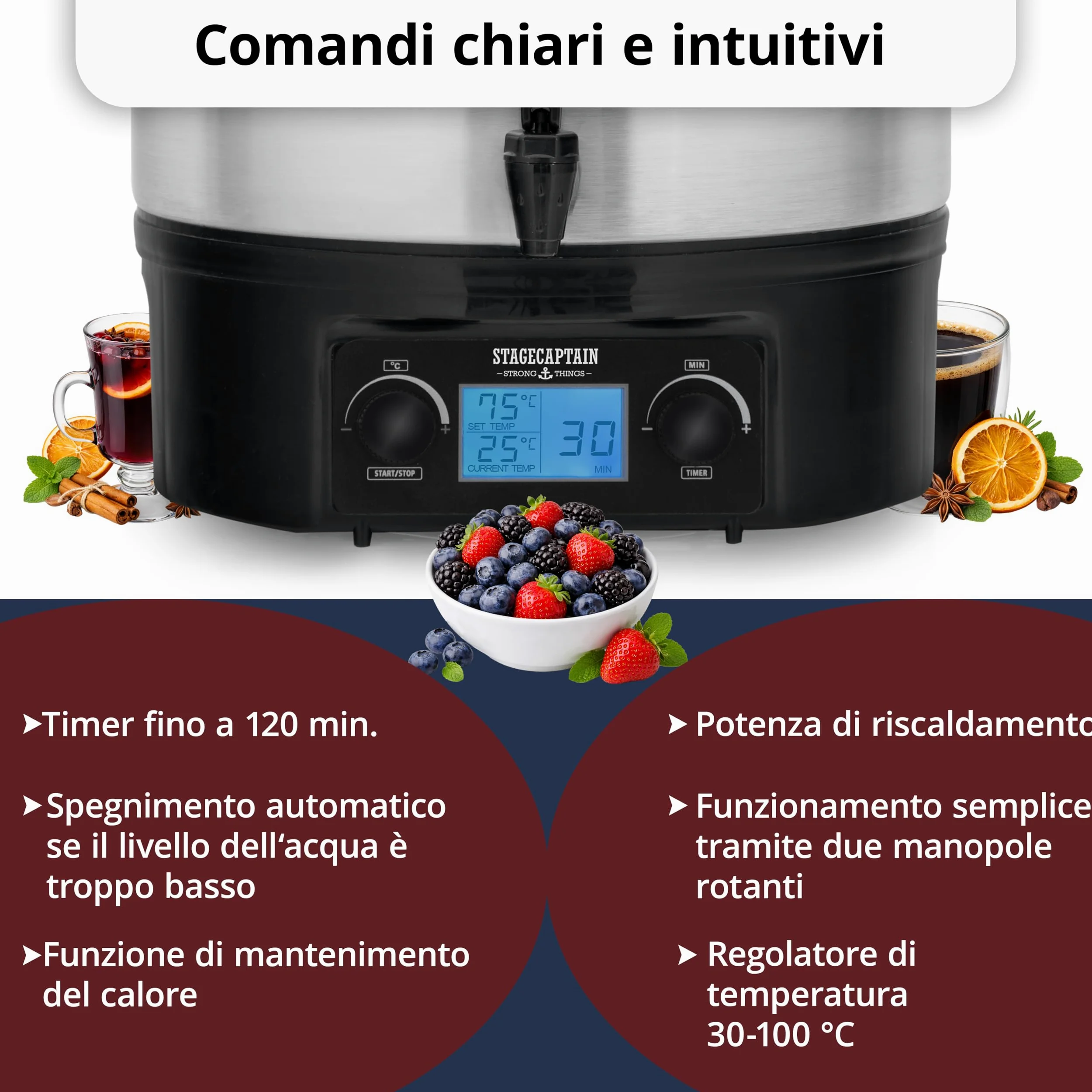 Stagecaptain GWK27D Scaldavino 27 L per vin brulé, bevande calde, marmellate, frutta e zuppe — 2000 W, acciaio inox, regolatore temperatura, timer, spegnimento automatico, display LCD