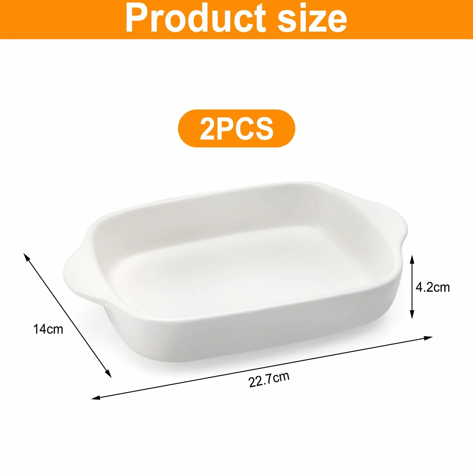 2 pirofile in ceramica, per lasagna, 23,2 x 14,2 x 4,5 cm, rettangolari, piccole pirofile, con manico, in ceramica, rettangolari, per lasagne, tiramisù e casseruola (bianco)