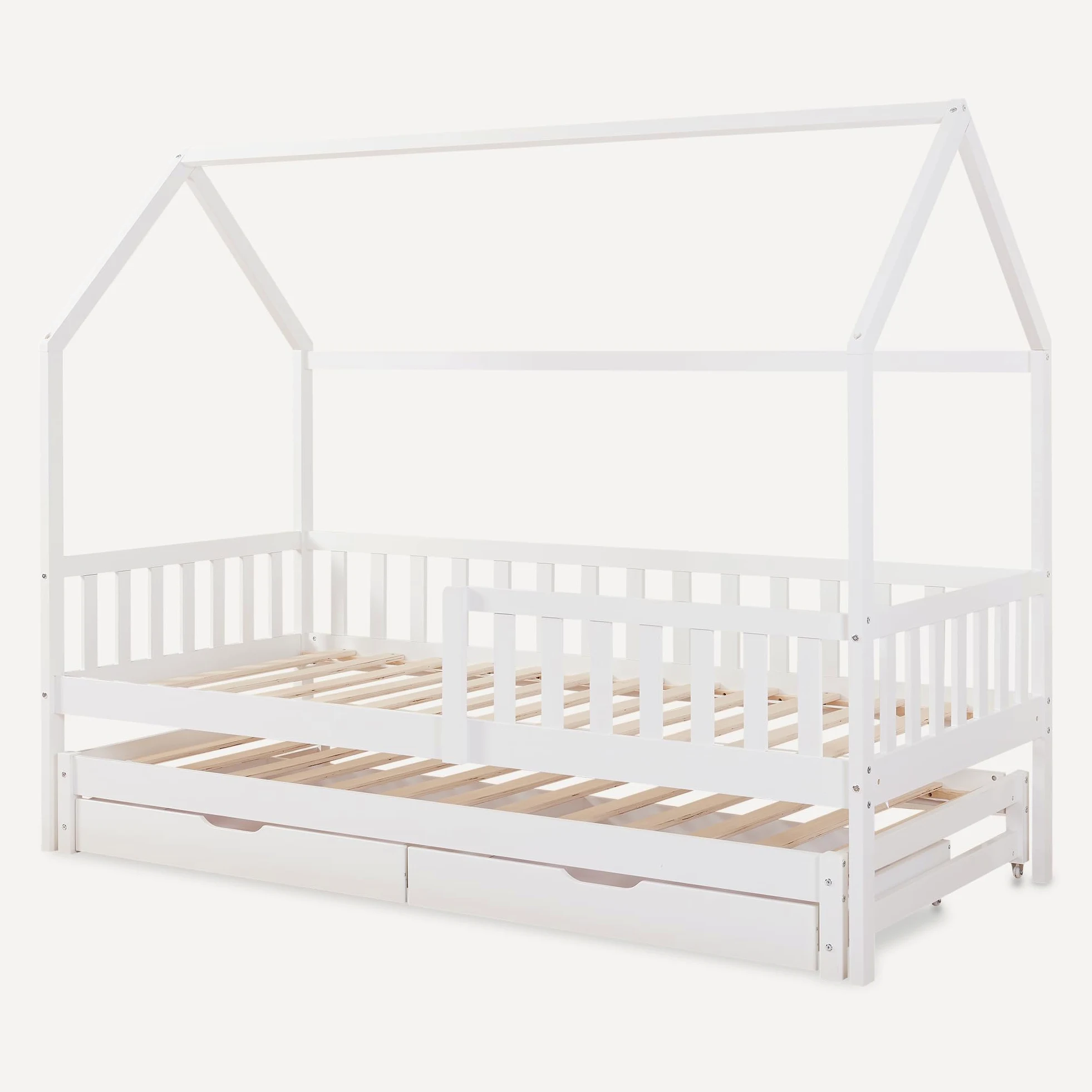 [en.casa] Letto per Cameretta a Forma di Casetta con Letto Estraibile Struttura in Legno di Pino a 2 Piazze con Barriera Anticaduta e 2 Cassetti 90x200 cm - Bianco