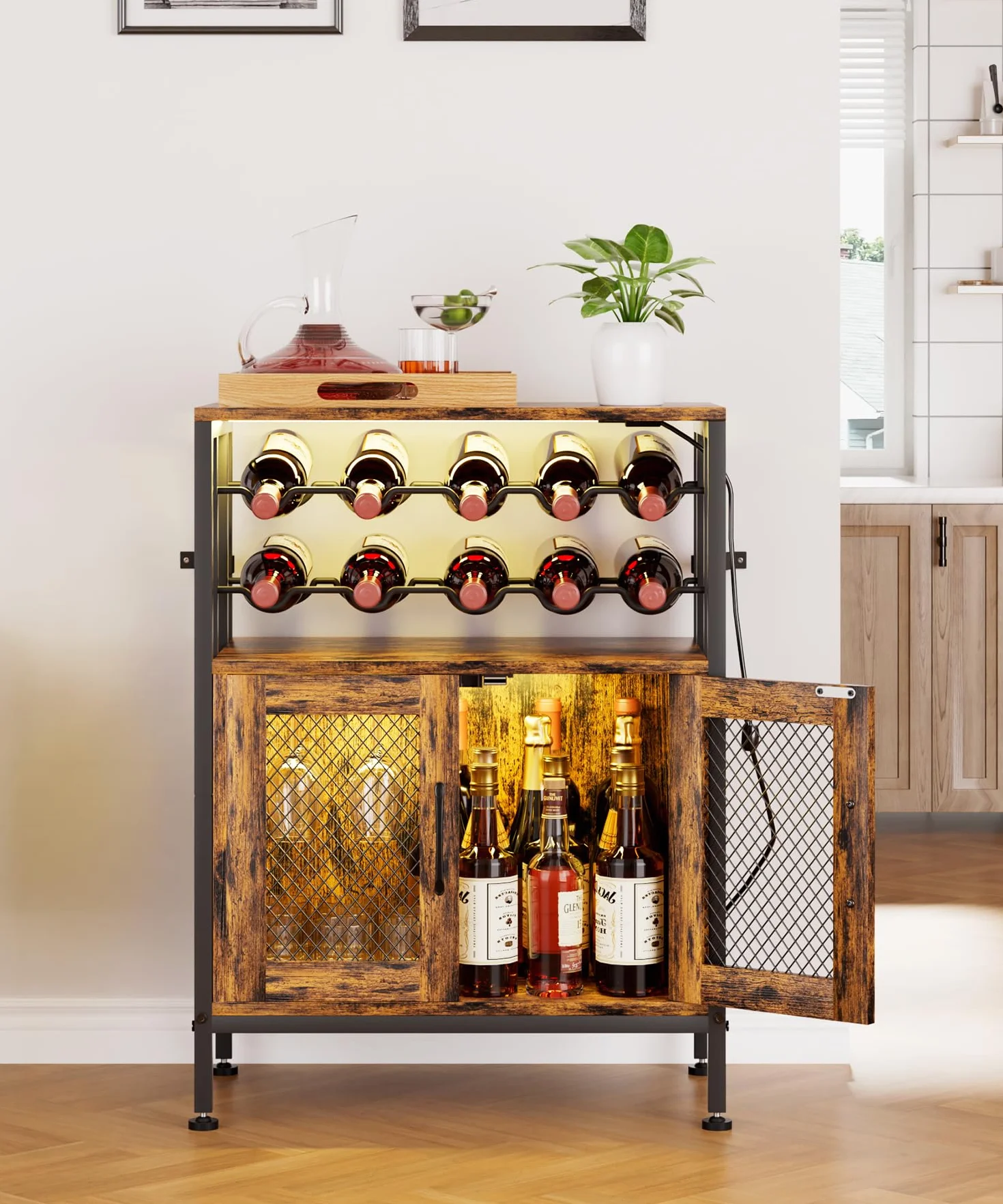 Yorbay Mobili Portabottiglie con Luci LED: Mobile Bar Autoportante con Anta a Griglia per 10 Bottiglie e 6 Bicchieri - Scaffale per Vini in Stile Industriale per Cucina Soggiorno Sala da Pranzo