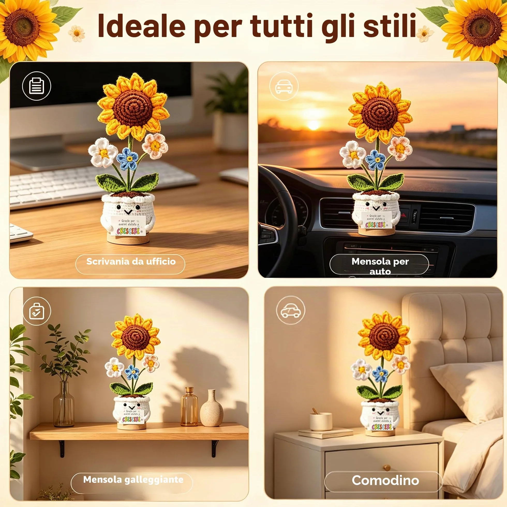 Regalo Maestra Fine Anno – 2 Girasoli all'Uncinetto con Vaso, Set Regalo Doppio Fatto a Mano