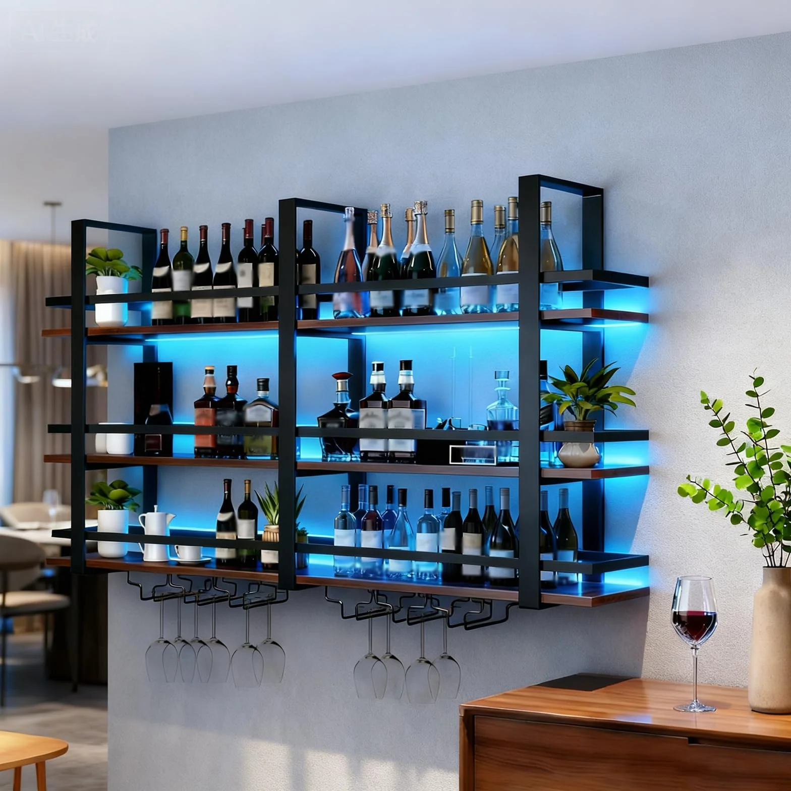 Portabottiglie da Parete con Luce a LED, Mensola Espositivi in Metallo per Bottiglie di Liquori, Espositore di Vino di Grandi Dimensioni, con Portabicchieri per Casa, Cucina, Bar, Sala (nero, 160cm)
