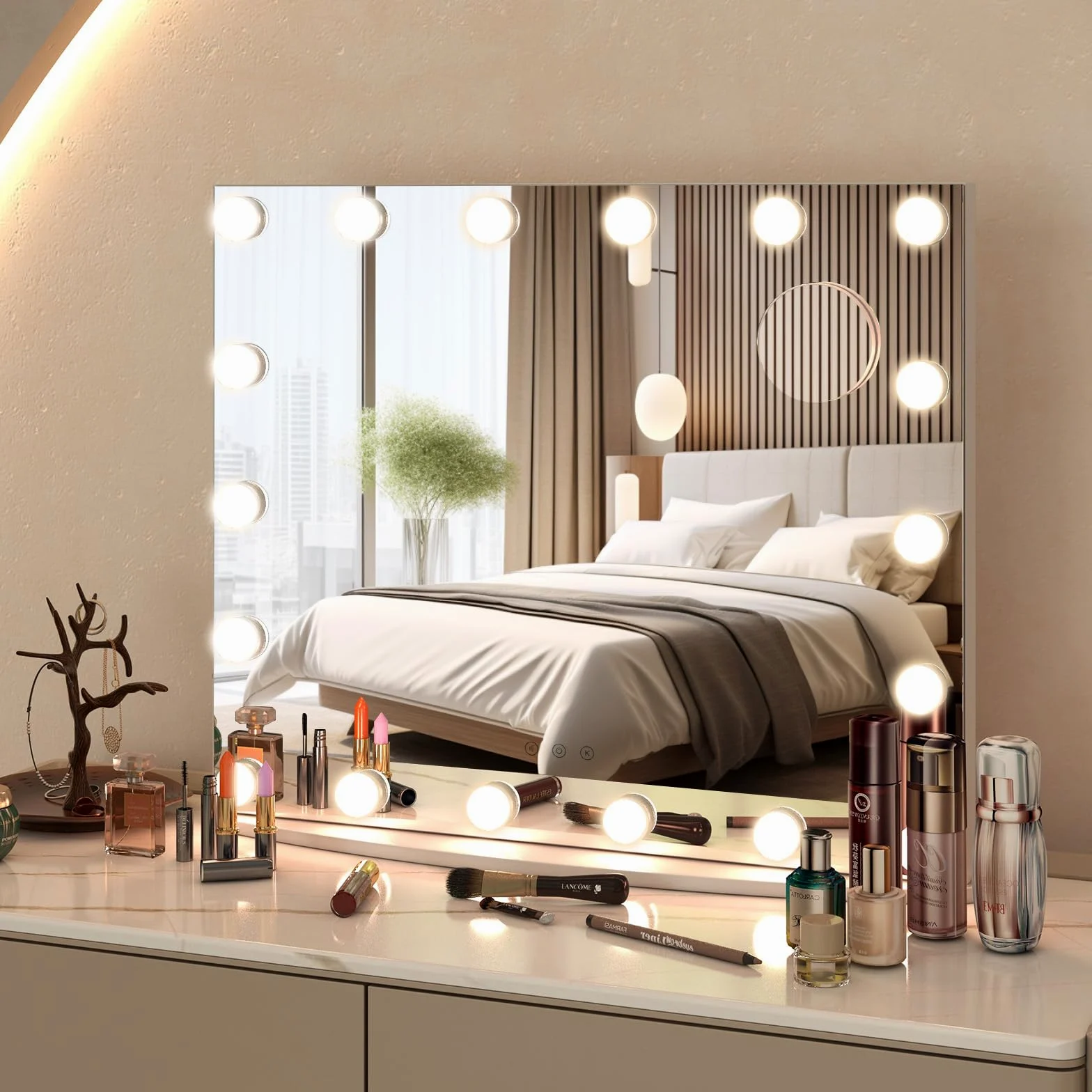 RELAX4LIFE Specchio Trucco con Luci 65 x 52,5 cm, Specchio Cosmetico da Parete/Tavolo con 18 Lampadine, 3 Colori di Luce, 4 Luminosità Regolabile, Touch Screen, per Camera da Letto (65 x 52,5 cm)