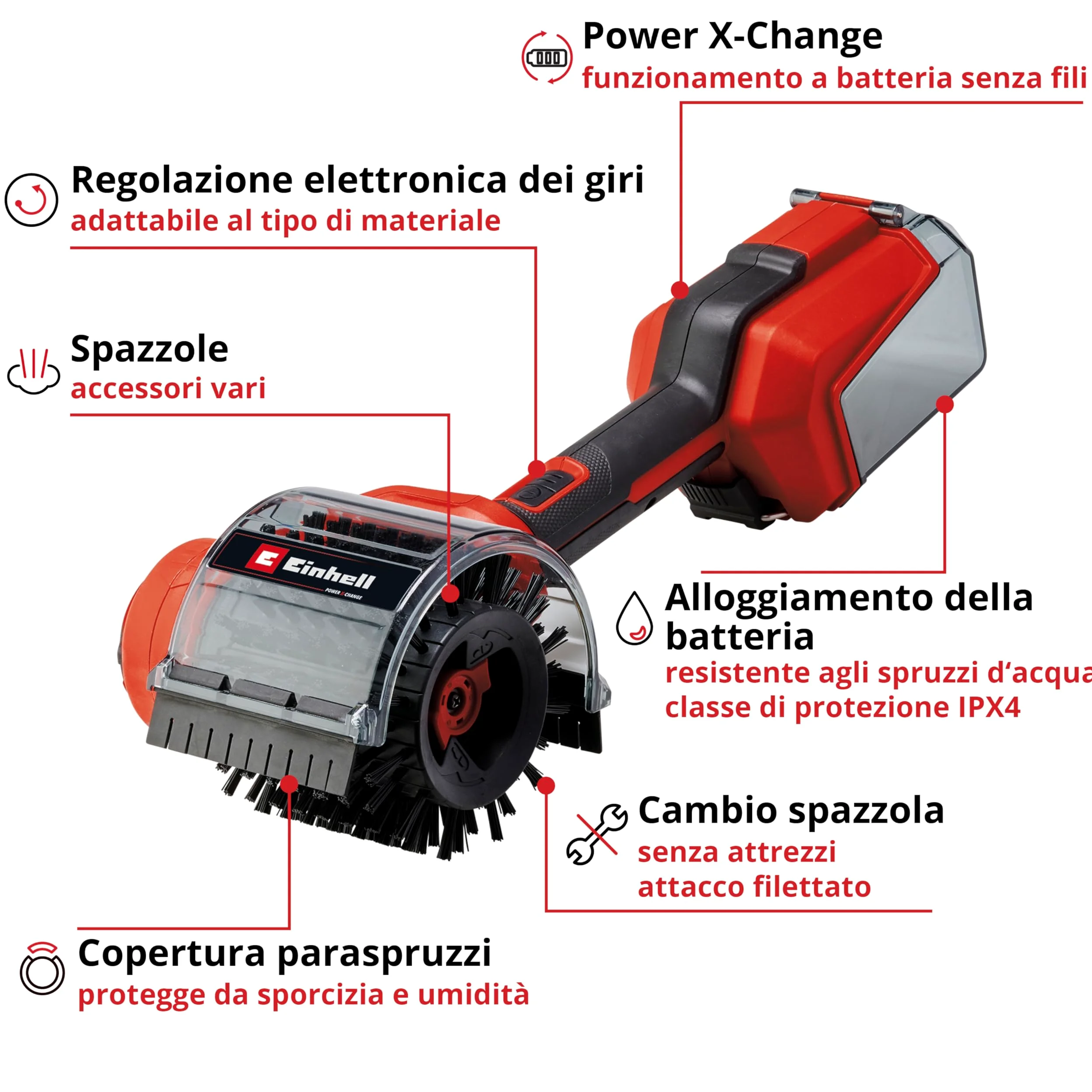 Spazzola per superfici Einhell PICOBELLA 18/90 Power X-Change (18 V, spazzola pulizia senza fili, protezione spruzzi, incl. 2 spazzole, 3 tamponi di pulizia, supporto a parete, batteria esclusa)