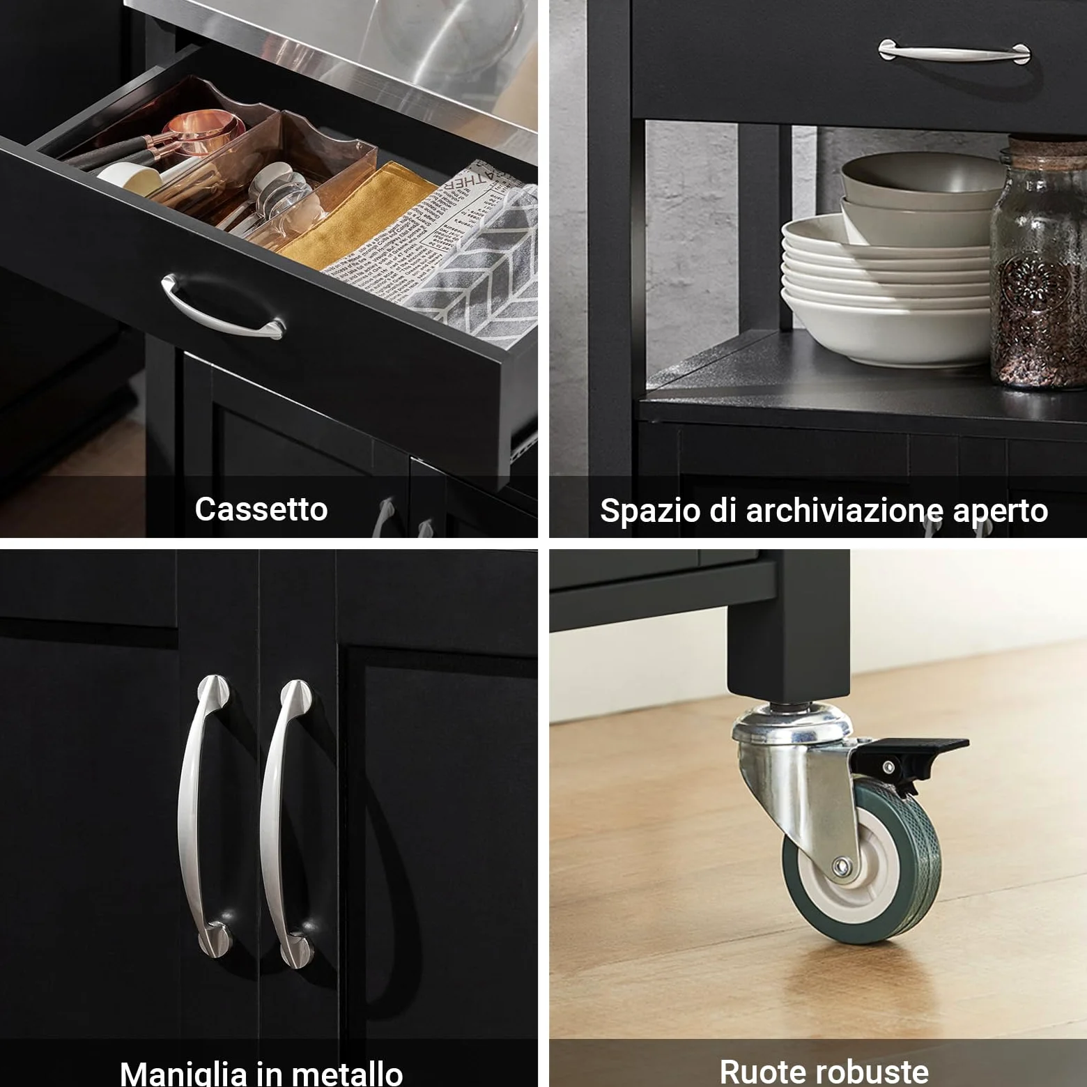 SoBuy Carrello cucina salvaspazio con piano di lavoro – Mobile cucina con ruote, ideale come mobiletto cucina, credenza compatta o mobile microonde – Disponibile in Nero 60x92x45cm FKW22-SCH